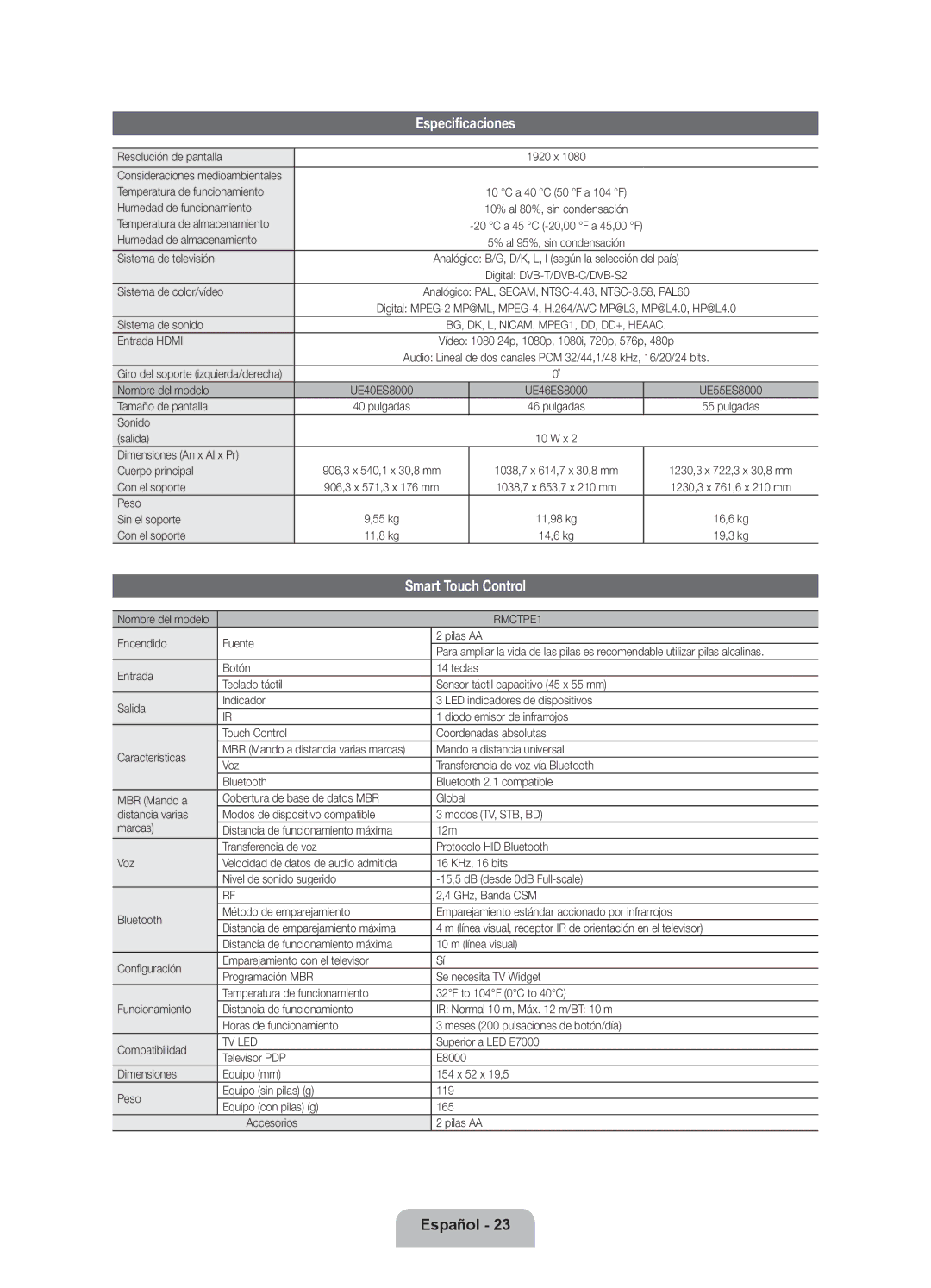 Samsung UE40ES8000SXXN, UE40ES8000SXTK, UE46ES8000SXXN, UE46ES8000SXXC, UE55ES8000SXXH, UE40ES8000SXXC manual Especificaciones 