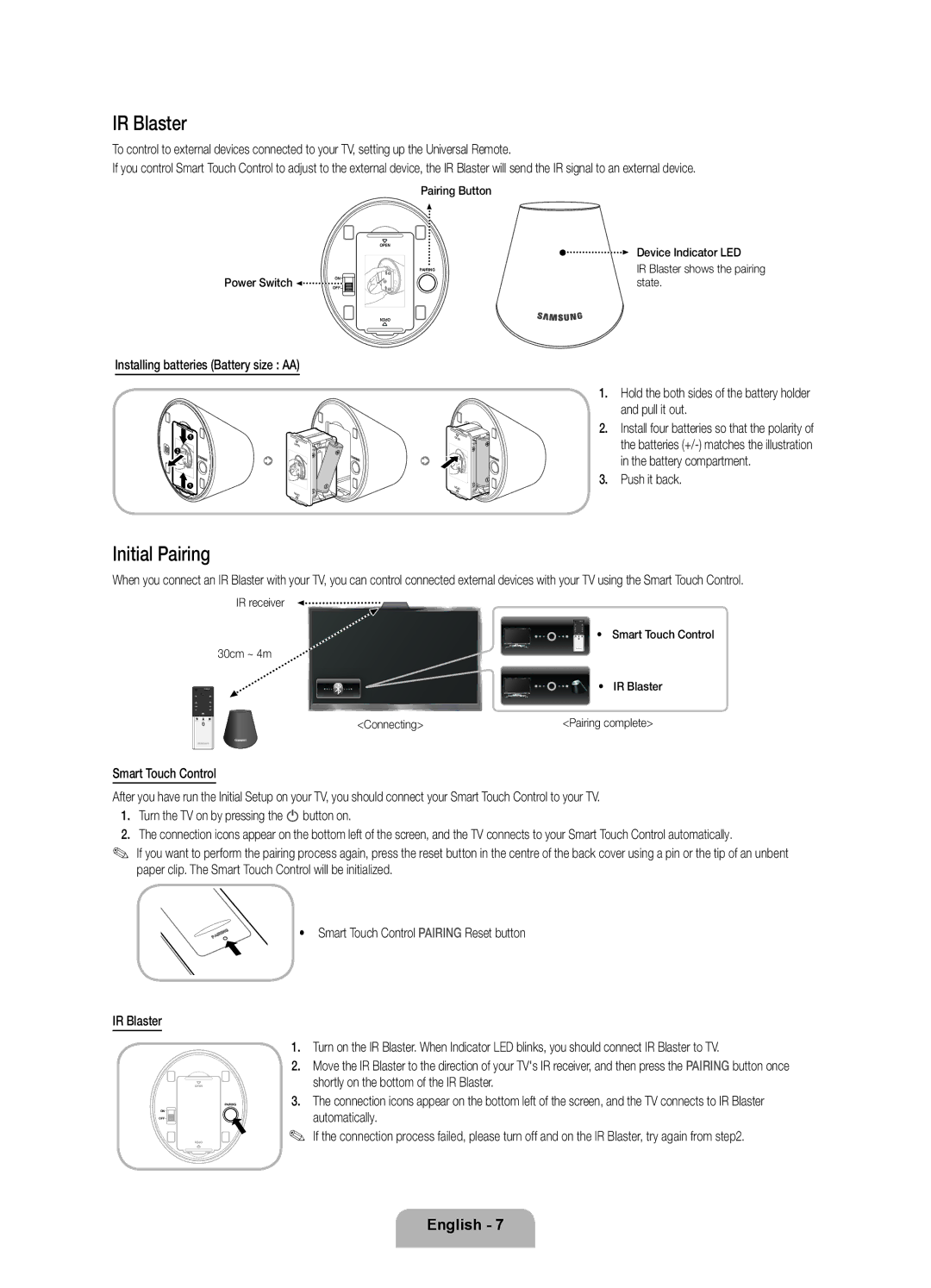 Samsung UE55ES8000SXXC, UE40ES8000SXTK IR Blaster, Initial Pairing, Installing batteries Battery size AA, Push it back 