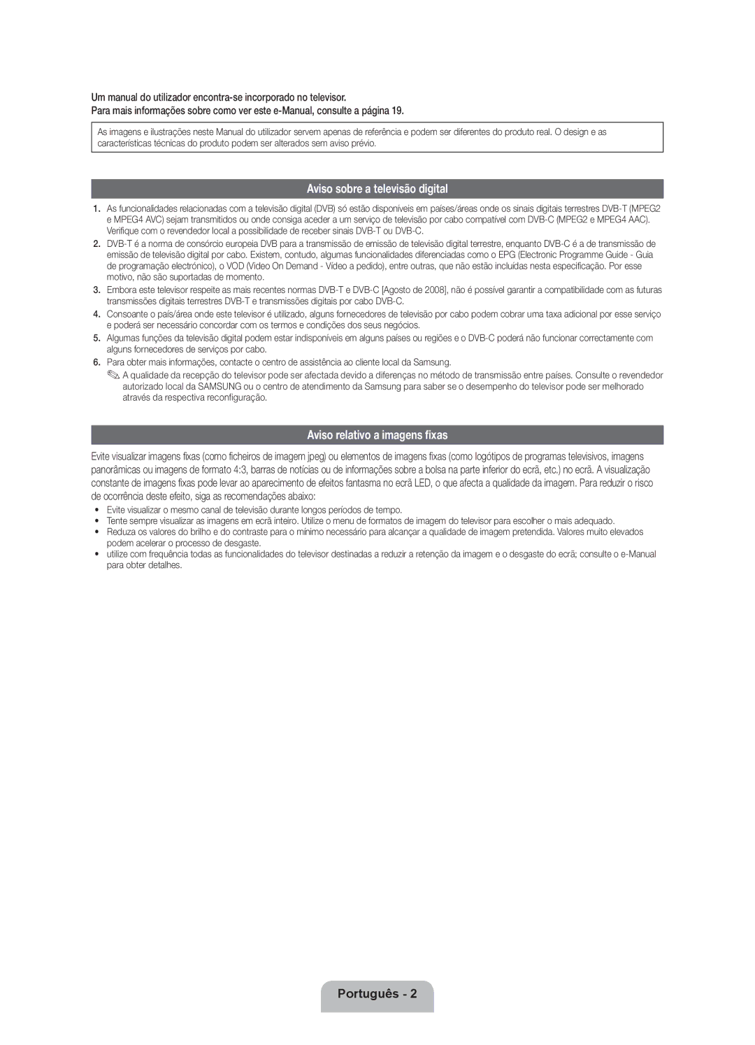 Samsung UE55ES8000SXXN, UE40ES8000SXTK, UE46ES8000SXXN manual Aviso sobre a televisão digital, Aviso relativo a imagens fixas 