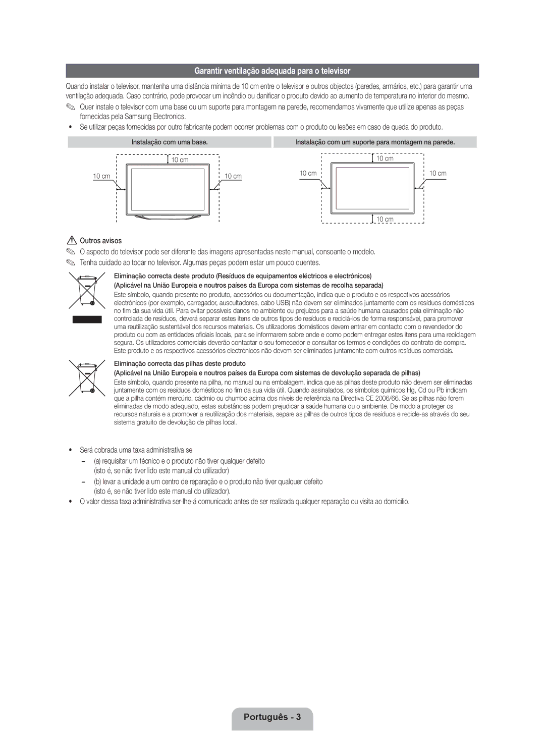 Samsung UE46ES8000SXZF, UE40ES8000SXTK, UE46ES8000SXXN manual Garantir ventilação adequada para o televisor, Outros avisos 