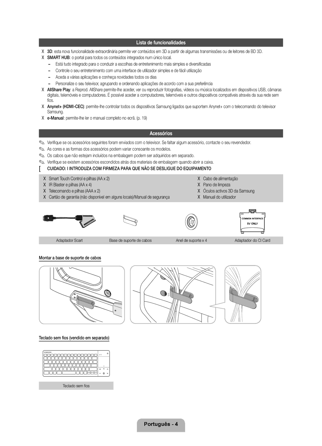 Samsung UE55ES8000SXZF, UE40ES8000SXTK manual Lista de funcionalidades, Acessórios, Manual do utilizador, Teclado sem fios 