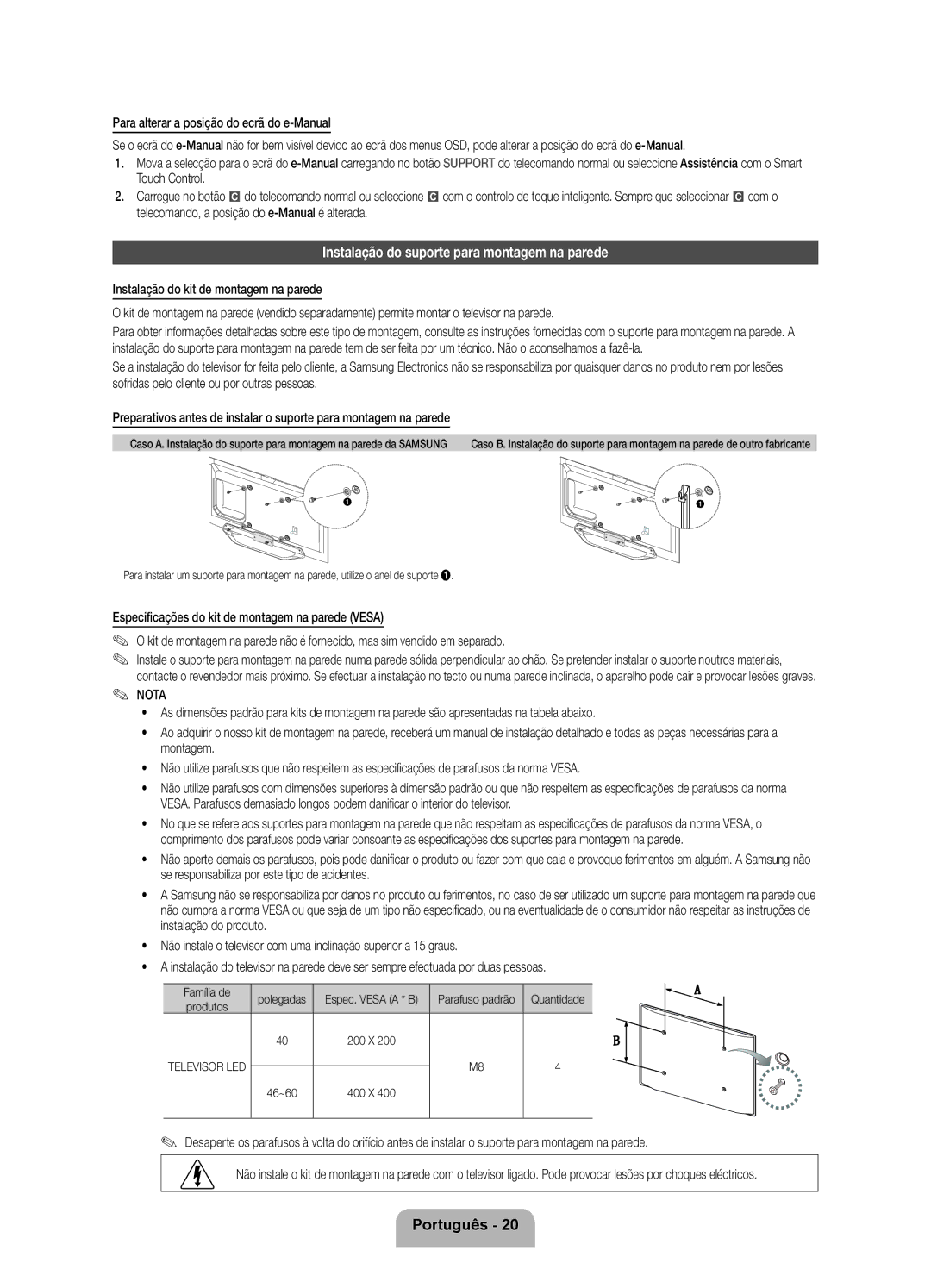 Samsung UE40ES8000SXZF, UE40ES8000SXTK, UE46ES8000SXXN manual Instalação do suporte para montagem na parede, Polegadas 