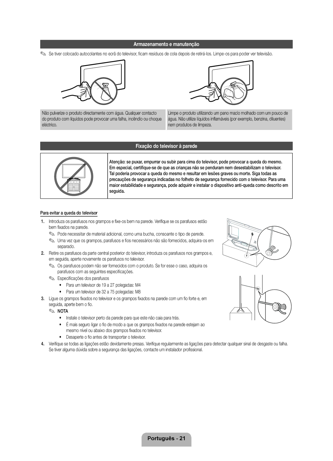 Samsung UE40ES8000SXTK, UE46ES8000SXXN, UE46ES8000SXXC manual Armazenamento e manutenção, Fixação do televisor à parede 