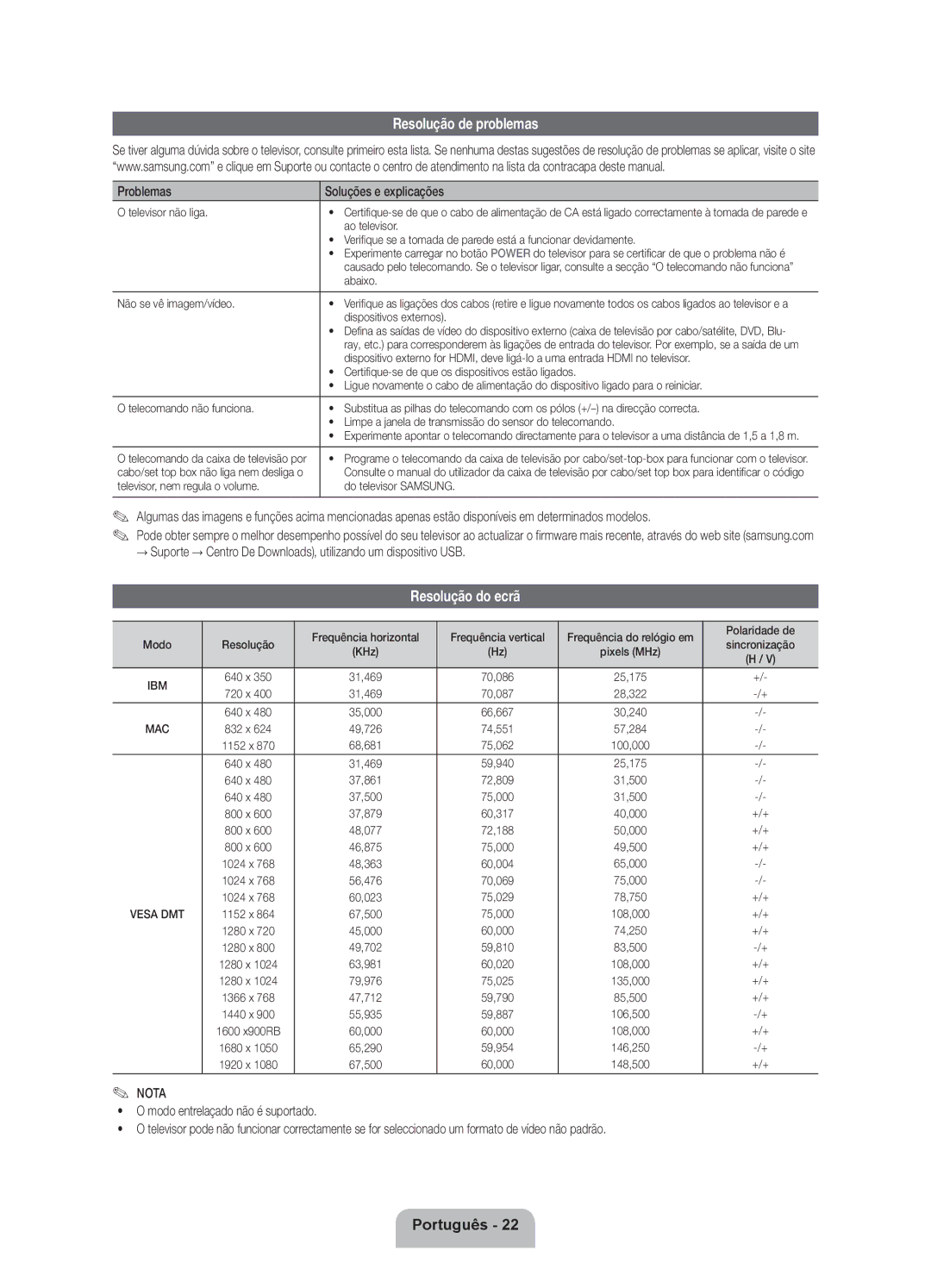 Samsung UE46ES8000SXXN, UE40ES8000SXTK, UE46ES8000SXXC, UE55ES8000SXXH Resolução de problemas, Resolução do ecrã, Problemas 