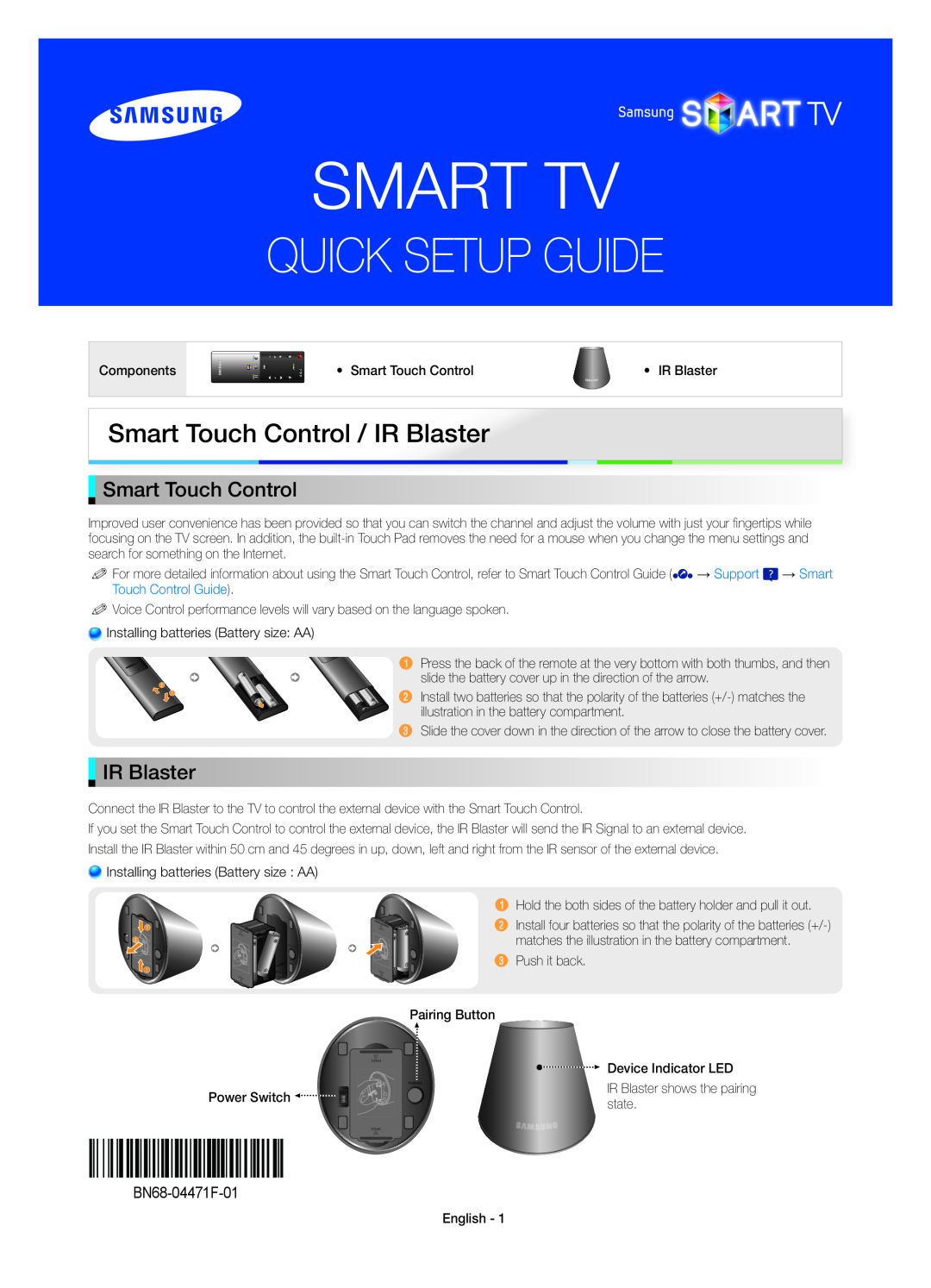 Samsung UE46ES8000SXXN manual Smart Tv, Smart Touch Control / IR Blaster, Power Switch, Quick Setup Guide, BN68-04471F-01 