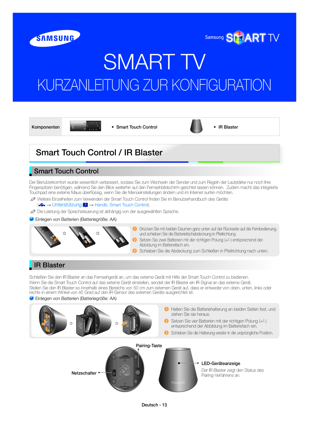 Samsung UE55ES8000SXXN manual Netzschalter, Smart Tv, Kurzanleitung Zur Konfiguration, Smart Touch Control / IR Blaster 