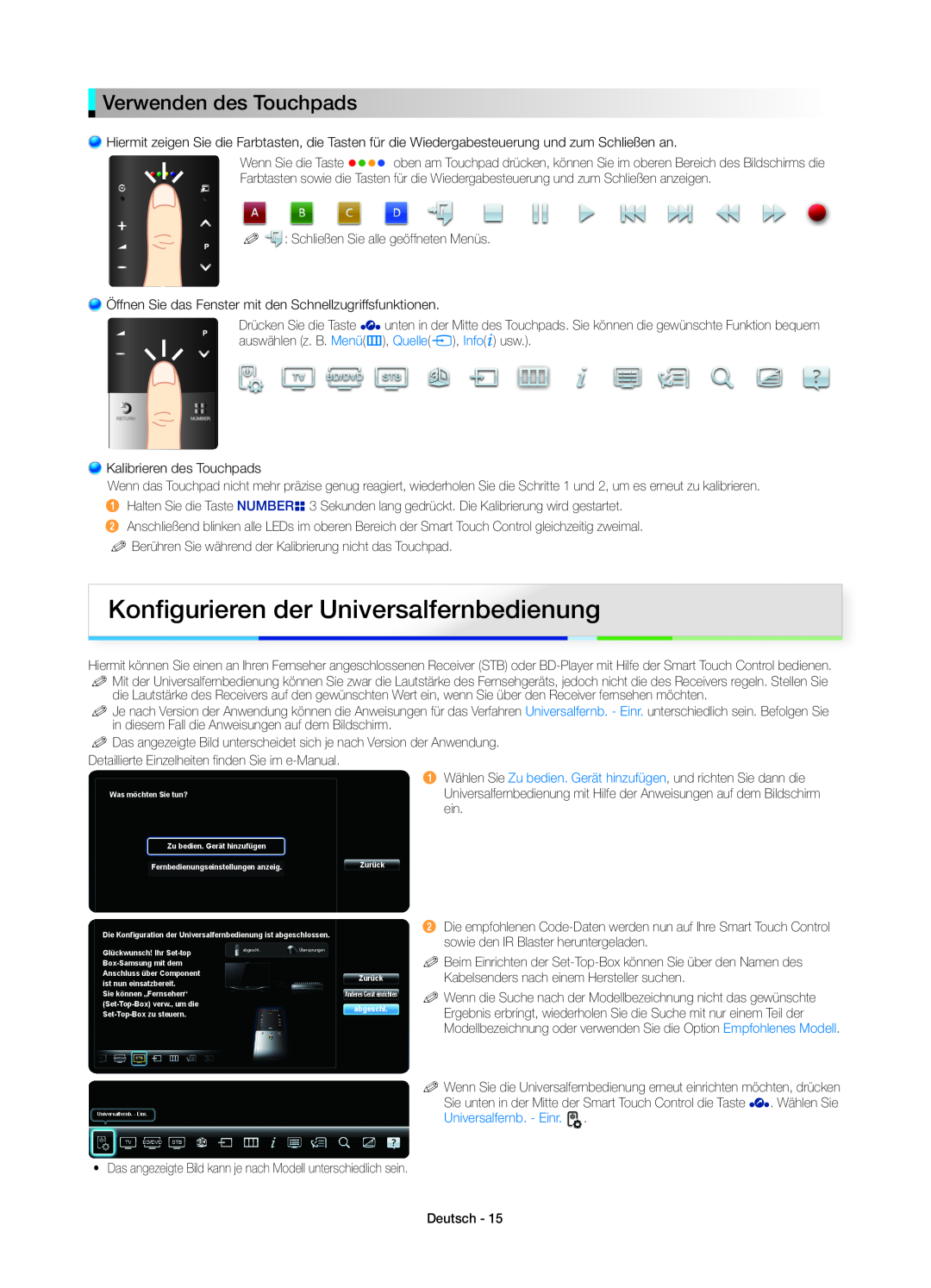 Samsung UE46ES8000SXZF manual Konﬁgurieren der Universalfernbedienung, Verwenden des Touchpads, Universalfernb. - Einr 