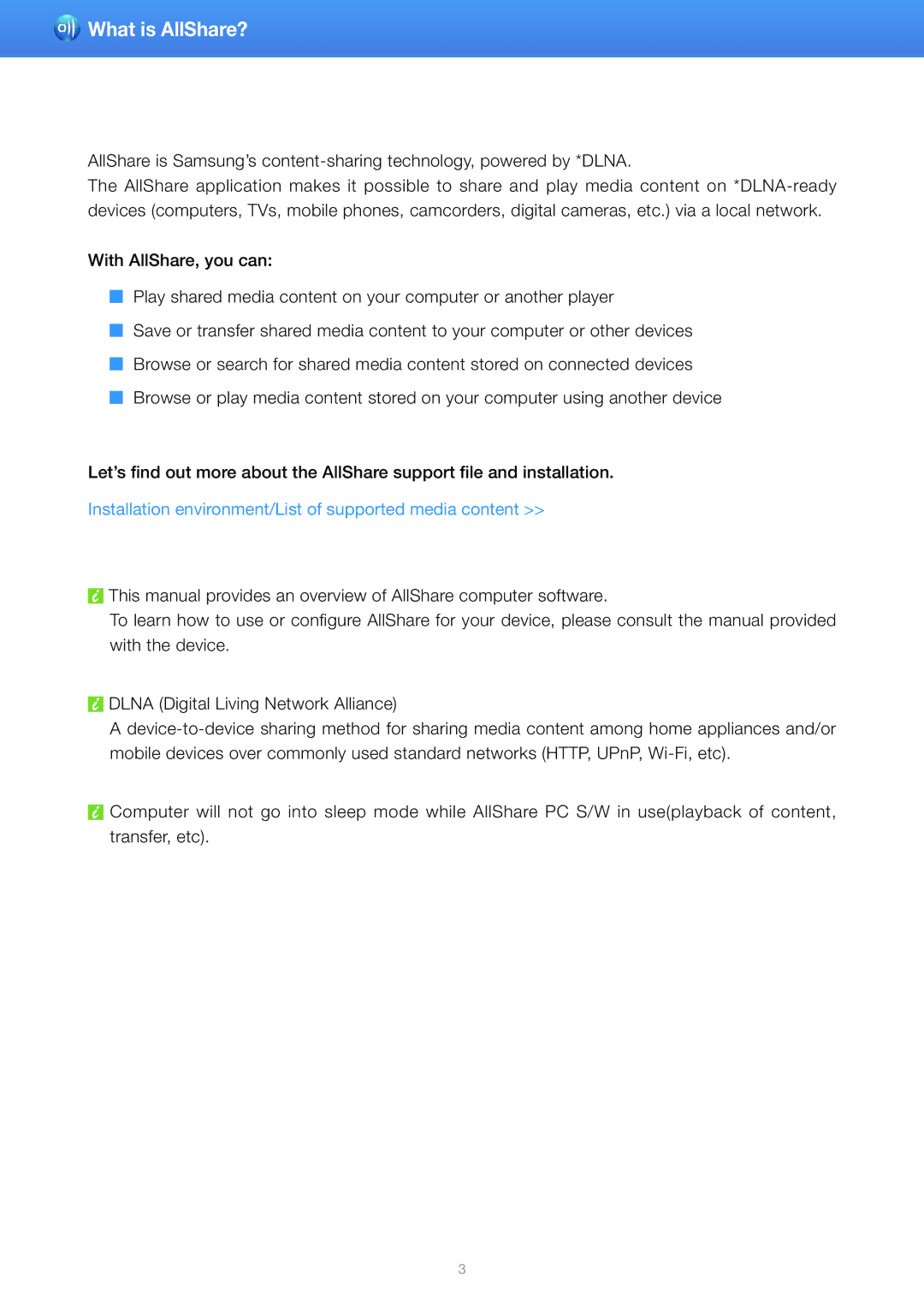 Samsung UE40ES5500WXZG, UE40ES8090SXZG manual What is AllShare?, Installation environment/List of supported media content 