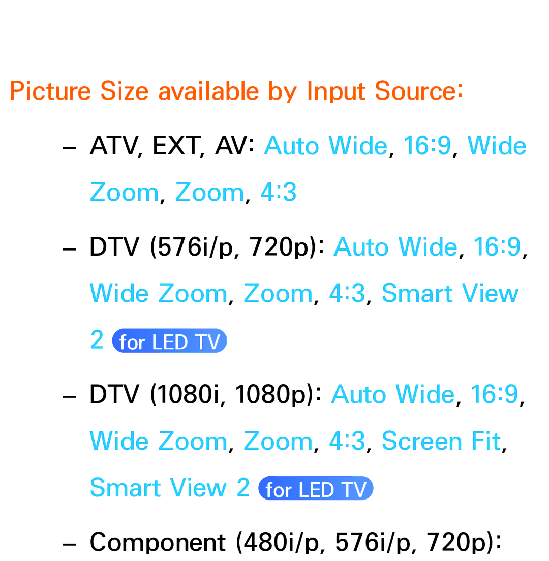 Samsung UE55ES7000SXXH, UE40ES8090SXZG manual Picture Size available by Input Source, Wide Zoom, Zoom, 43, Smart View 