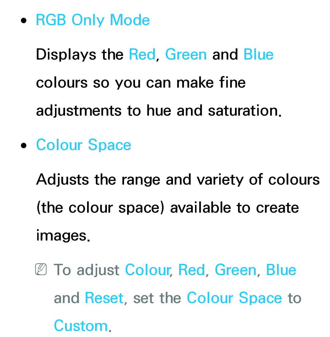Samsung UE55ES7000SXXN, UE40ES8090SXZG, UE40ES8000SXTK, UE46ES8000SXXN, UE46ES8000SXXC manual RGB Only Mode, Colour Space 