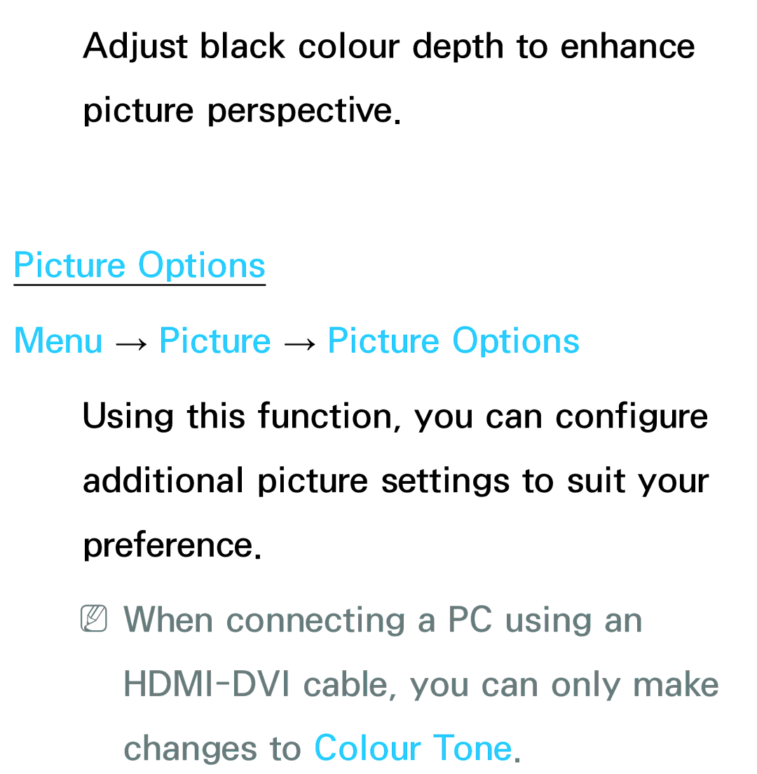 Samsung UE65ES8000SXXH, UE40ES8090SXZG, UE40ES8000SXTK manual Adjust black colour depth to enhance picture perspective 