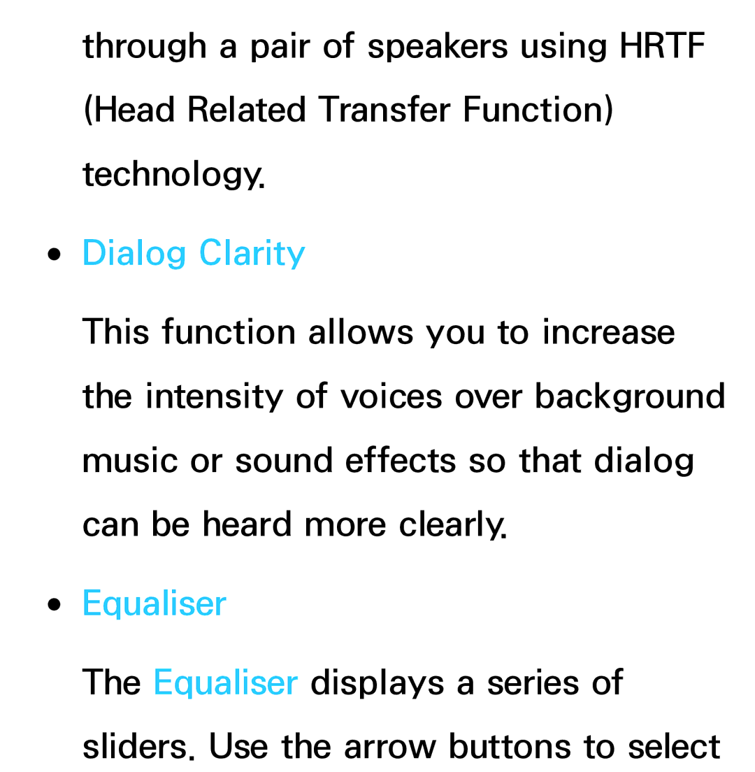 Samsung UE40ES7000SXZF, UE40ES8090SXZG, UE40ES8000SXTK, UE46ES8000SXXN, UE46ES8000SXXC manual Dialog Clarity, Equaliser 