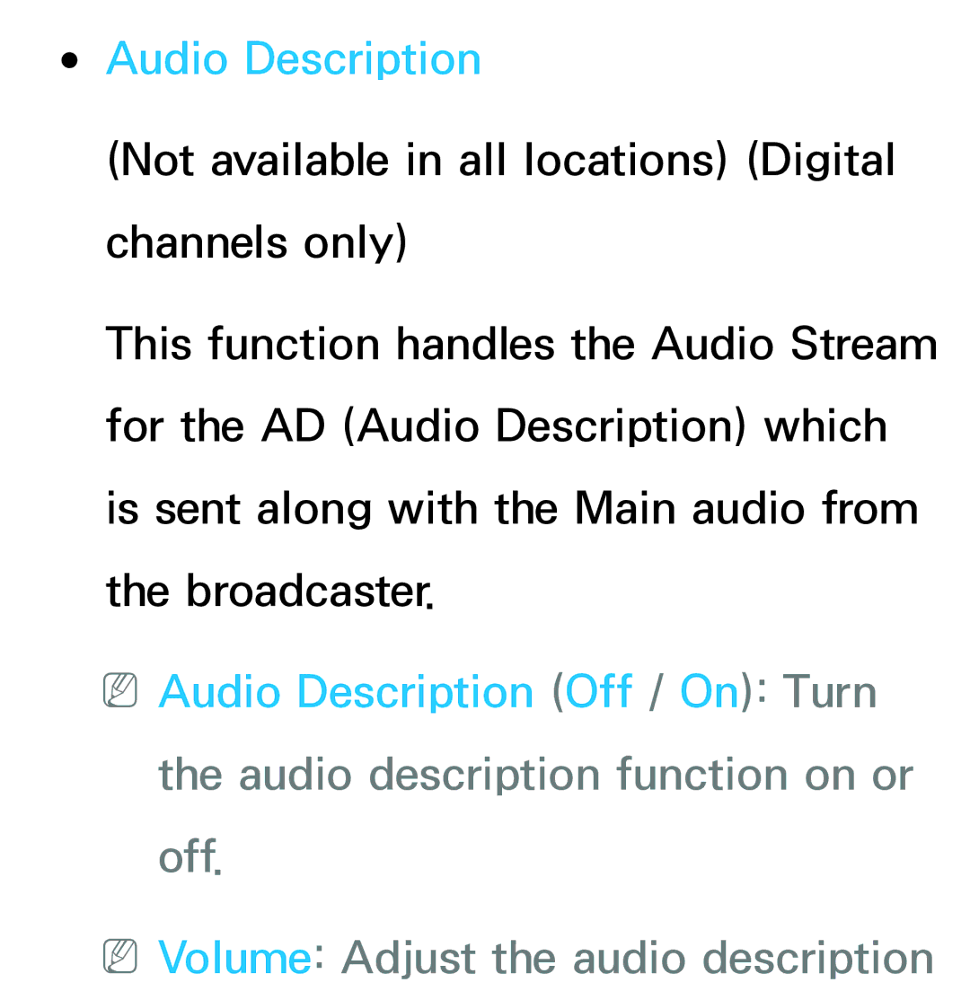 Samsung UE55ES7000SXZF, UE40ES8090SXZG, UE40ES8000SXTK manual Audio Description, NNVolume Adjust the audio description 