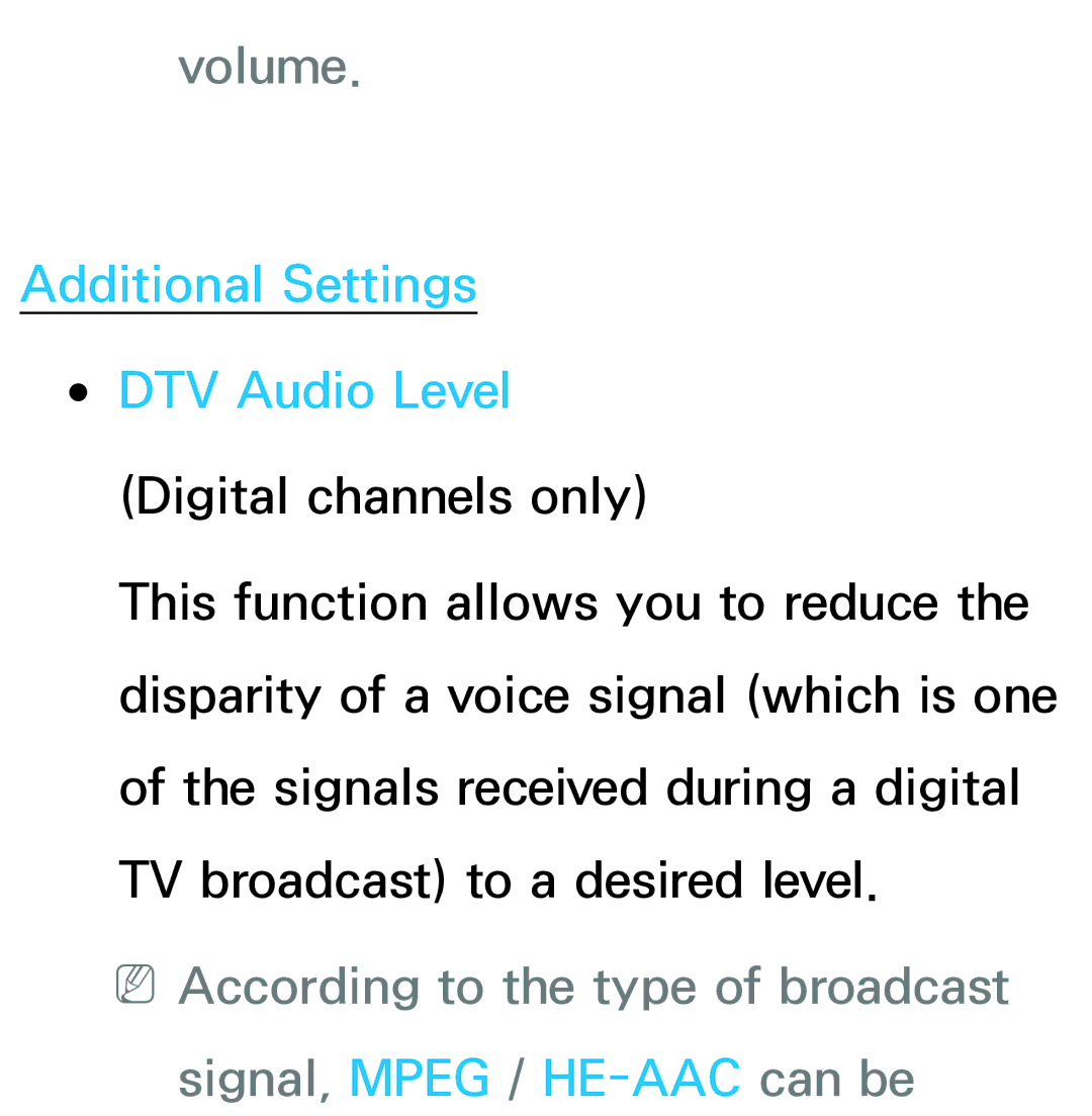 Samsung UE65ES8000SXZF, UE40ES8090SXZG, UE40ES8000SXTK, UE46ES8000SXXN manual Volume, Additional Settings DTV Audio Level 