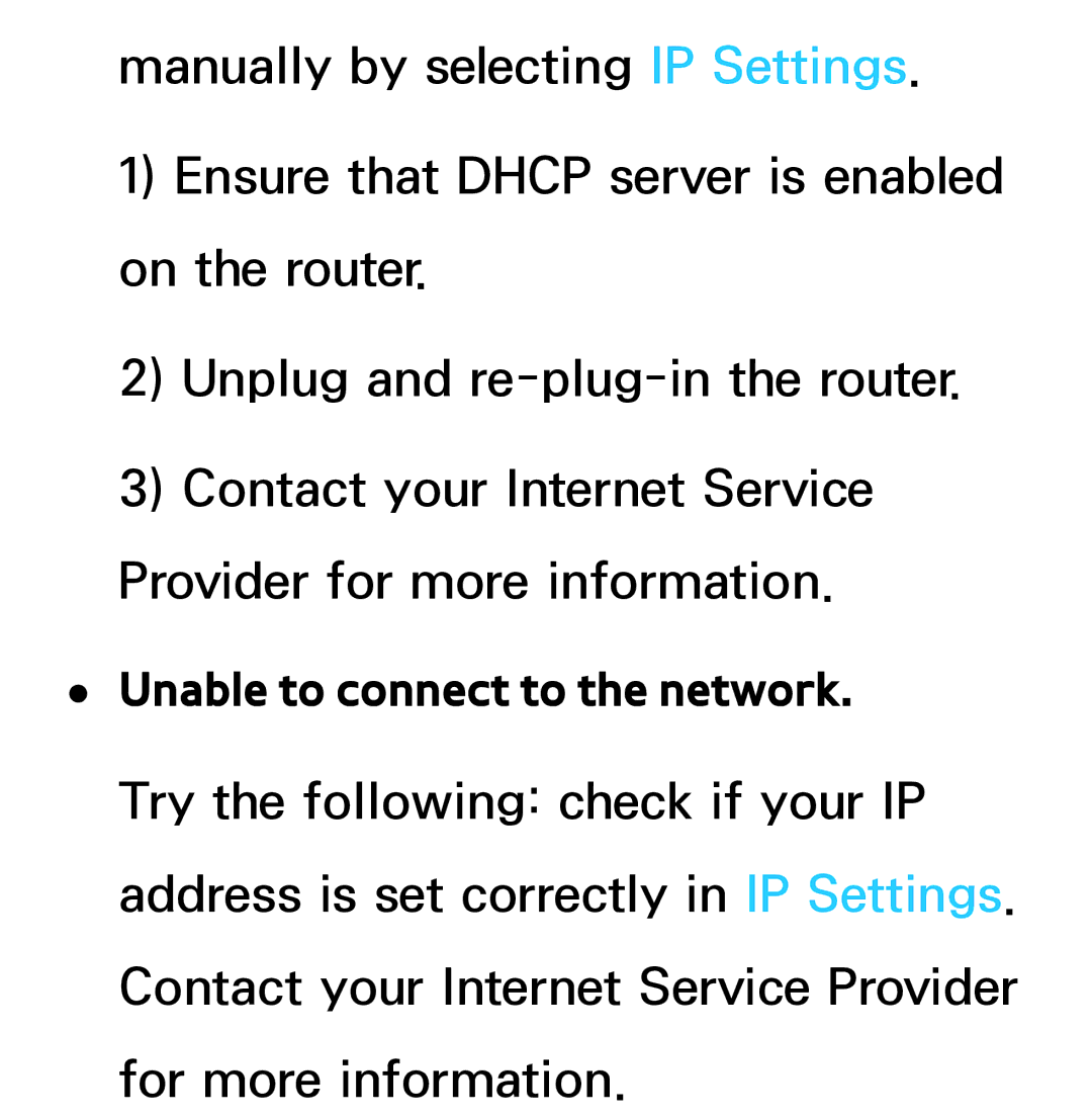 Samsung UE46ES7005UXXE, UE40ES8090SXZG, UE40ES8000SXTK, UE46ES8000SXXN, UE46ES8000SXXC manual Unable to connect to the network 