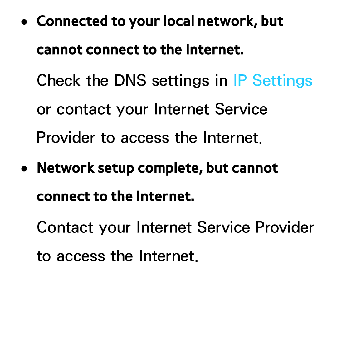 Samsung UE55ES7005UXXE, UE40ES8090SXZG, UE40ES8000SXTK manual Network setup complete, but cannot connect to the Internet 