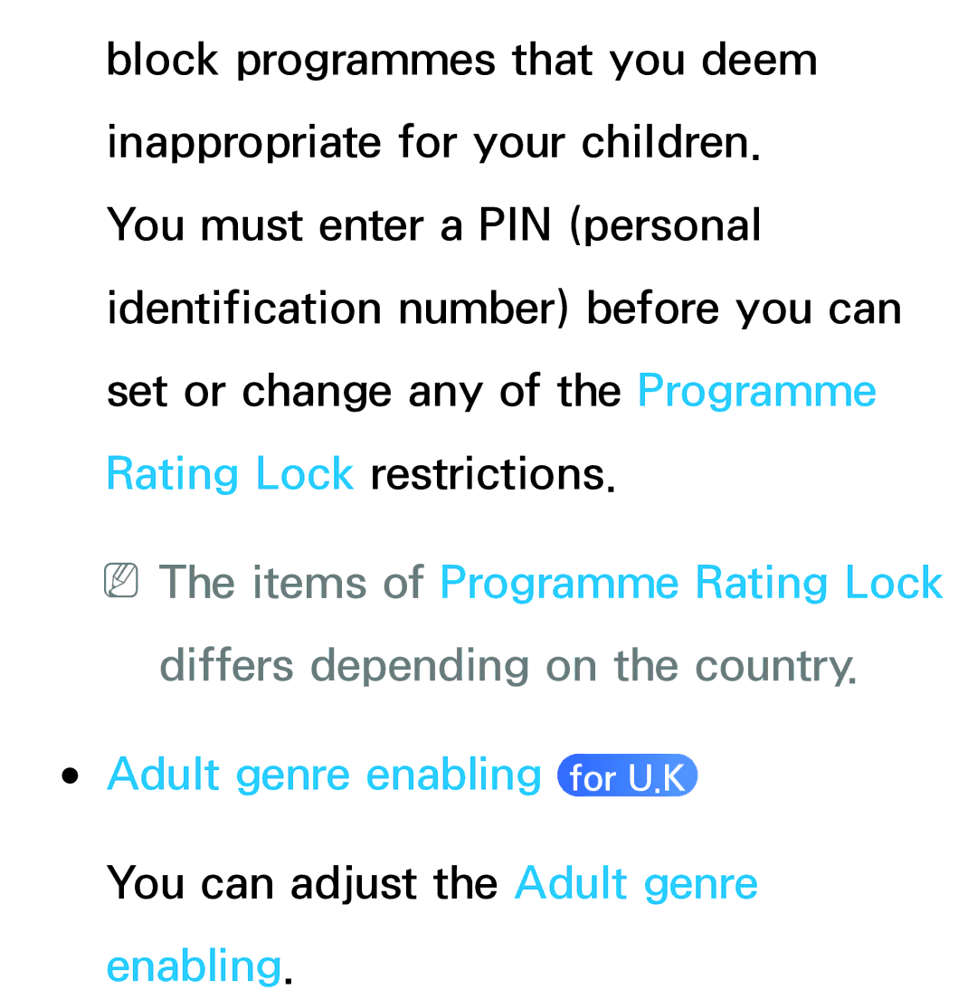 Samsung UE65ES8090SXZG, UE40ES8090SXZG, UE40ES8000SXTK, UE46ES8000SXXN manual You can adjust the Adult genre enabling 