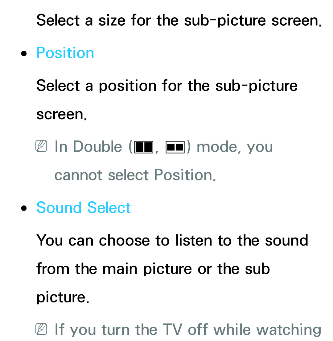 Samsung UE55ES8000SXXN, UE40ES8090SXZG, UE40ES8000SXTK manual NNIn Double à, Œ mode, you cannot select Position, Sound Select 