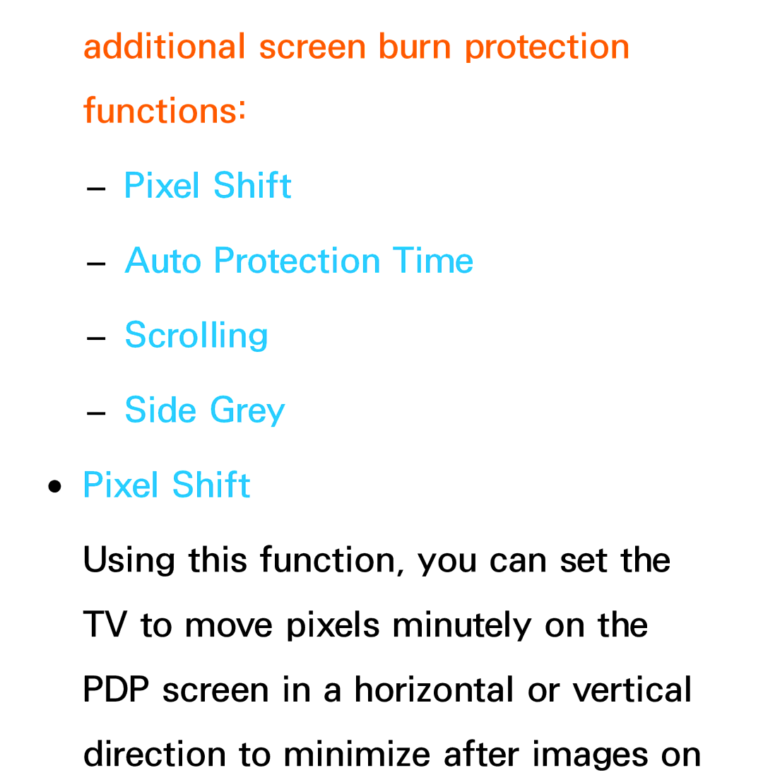 Samsung UE65ES8000QXZT Additional screen burn protection functions, Pixel Shift Auto Protection Time Scrolling Side Grey 