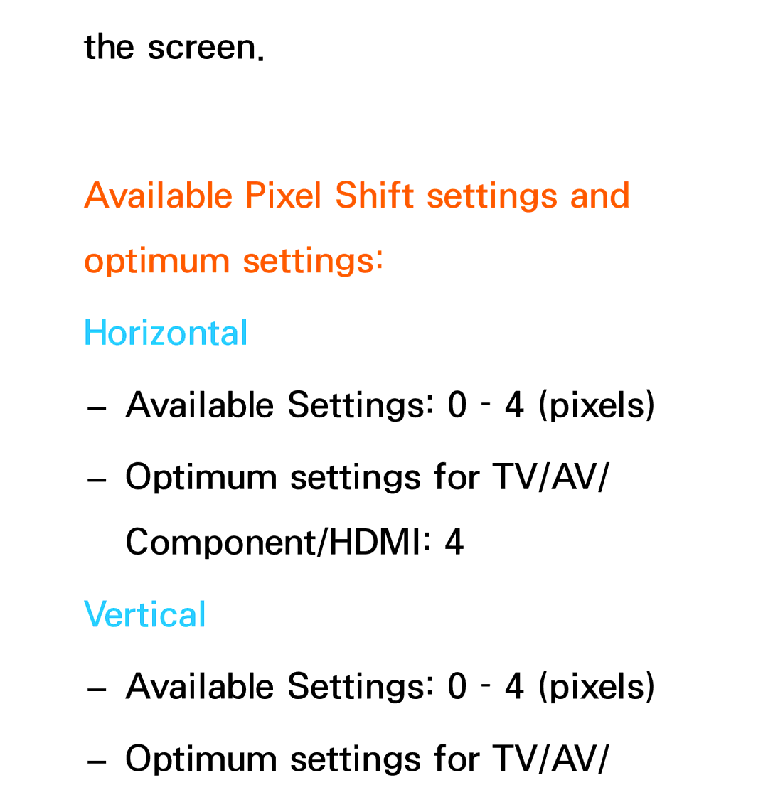 Samsung UE55ES8000QXZT, UE40ES8090SXZG manual Available Pixel Shift settings and optimum settings, Horizontal, Vertical 