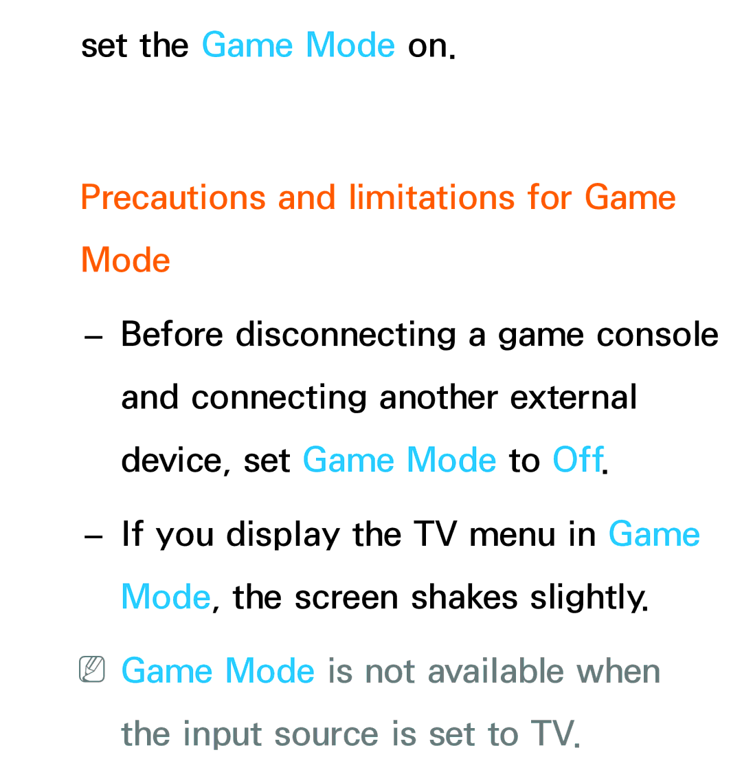 Samsung UA46ES7500SXAB, UE40ES8090SXZG, UE40ES8000SXTK, UE46ES8000SXXN manual Precautions and limitations for Game Mode 