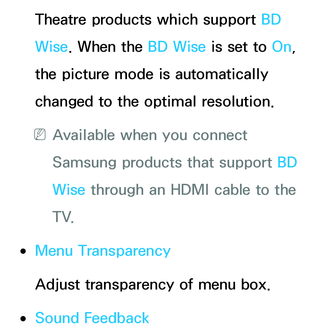 Samsung UE55ES8000UXXU, UE40ES8090SXZG, UE40ES8000SXTK, UE46ES8000SXXN, UE46ES8000SXXC manual Menu Transparency, Sound Feedback 