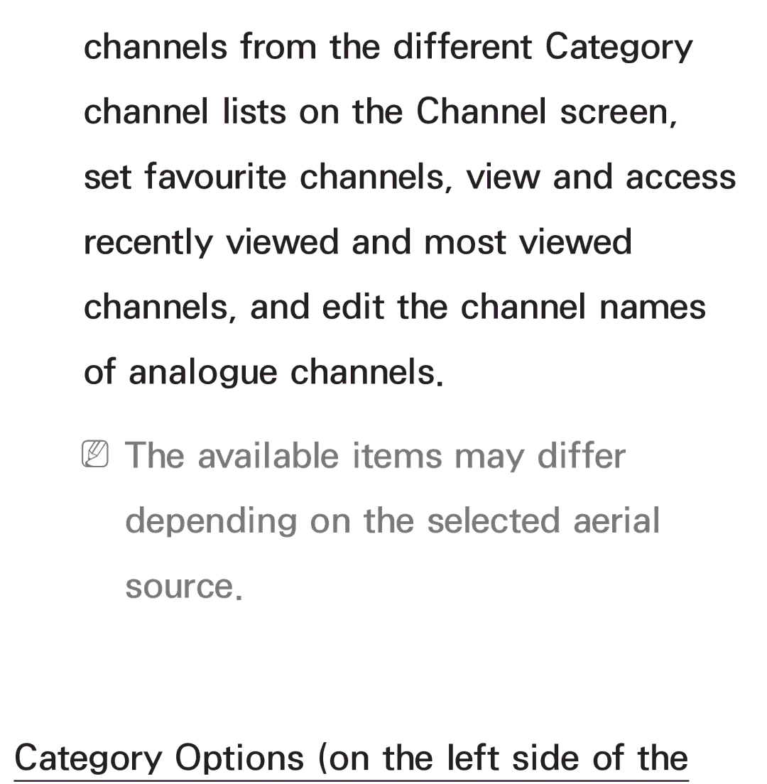 Samsung UE40ES7000SXXN, UE40ES8090SXZG, UE40ES8000SXTK, UE46ES8000SXXN, UE46ES8000SXXC manual Category Options on the left side 