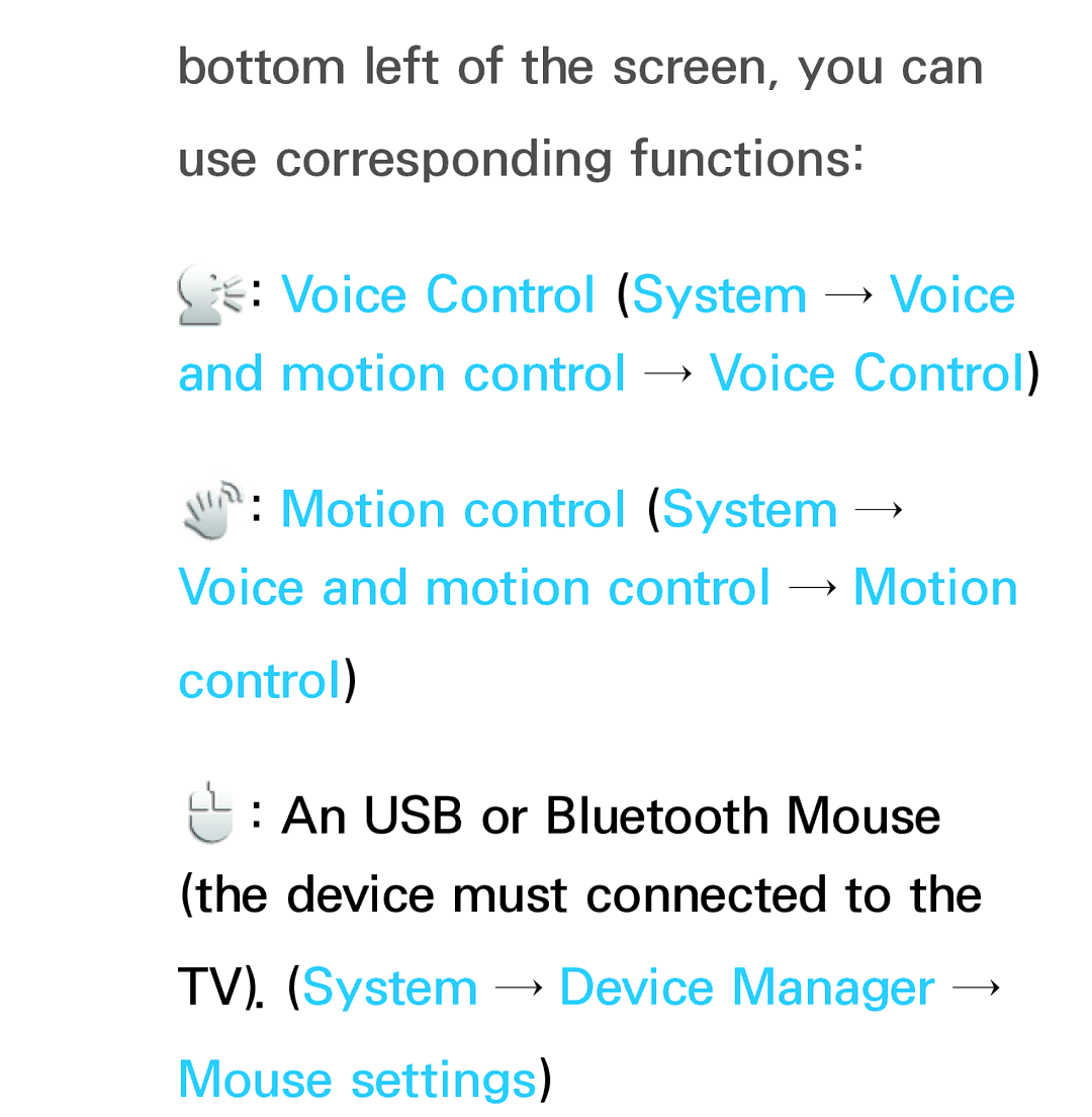 Samsung UE55ES7090SXZG, UE40ES8090SXZG, UE40ES8000SXTK, UE46ES8000SXXN manual TV. System → Device Manager → Mouse settings 