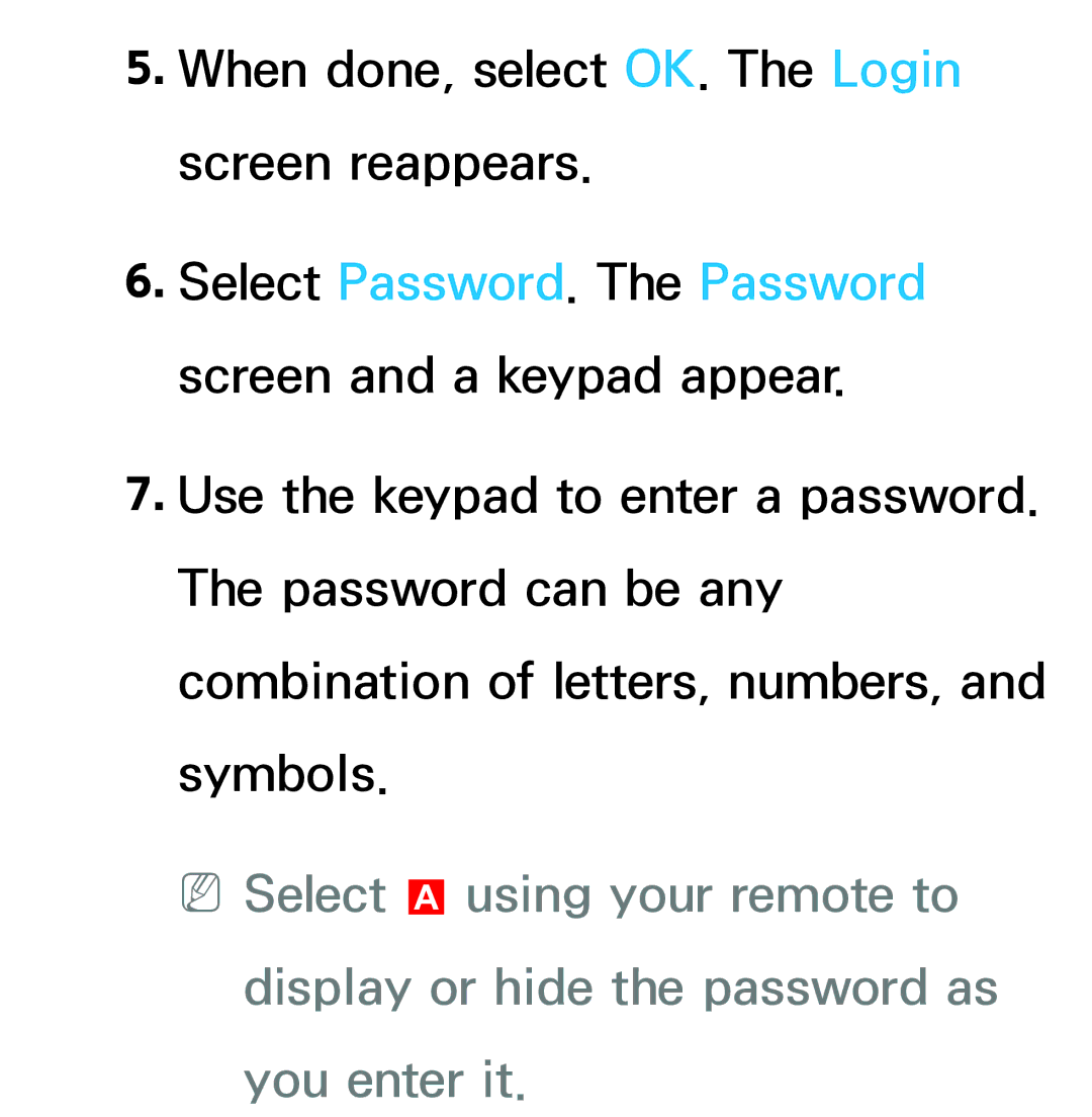 Samsung UE65ES8090SXZG, UE40ES8090SXZG, UE40ES8000SXTK manual Select Password. The Password screen and a keypad appear 