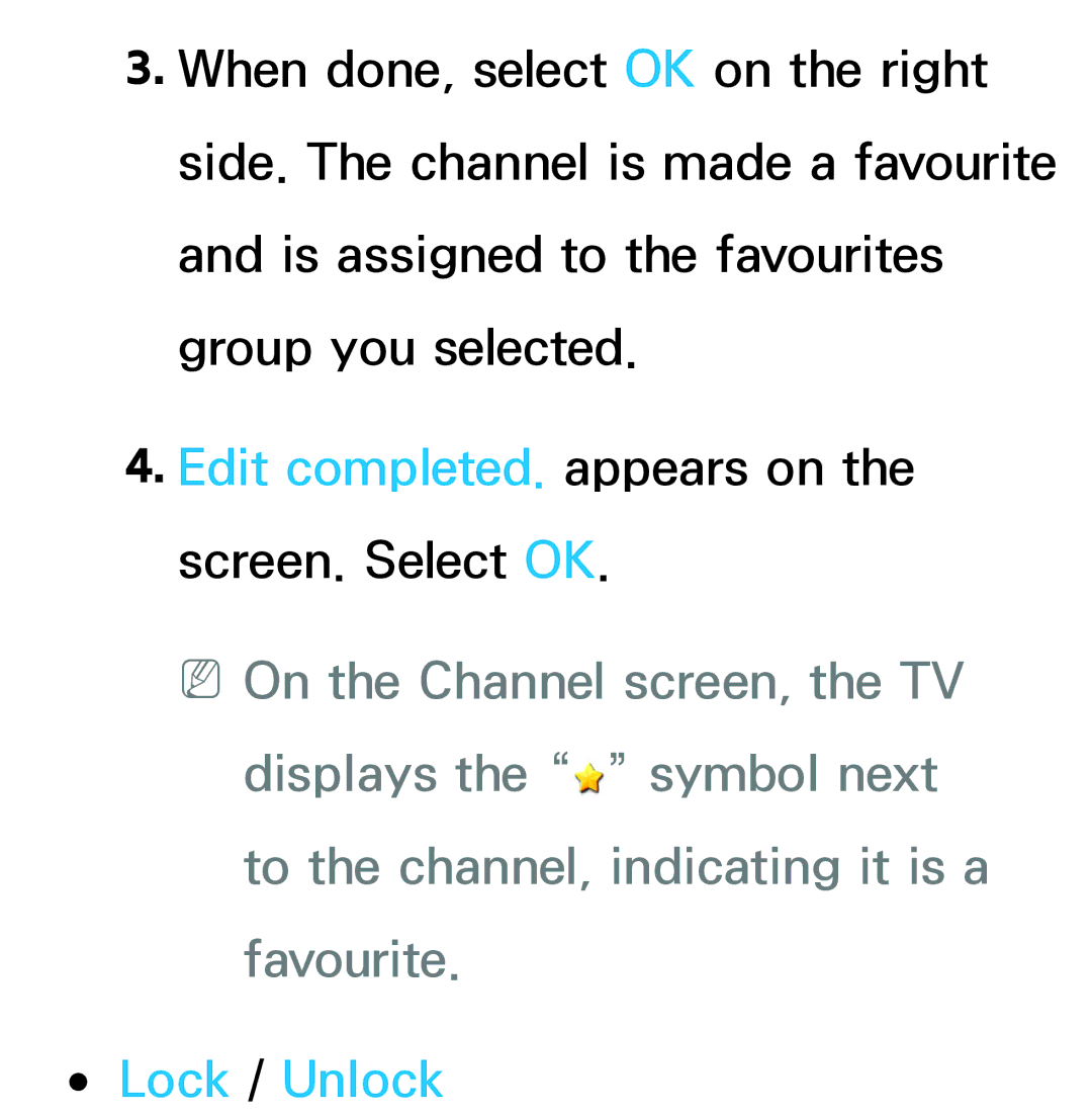 Samsung UE46ES8000SXZF, UE40ES8090SXZG, UE40ES8000SXTK manual Edit completed. appears on the screen. Select OK, Lock / Unlock 