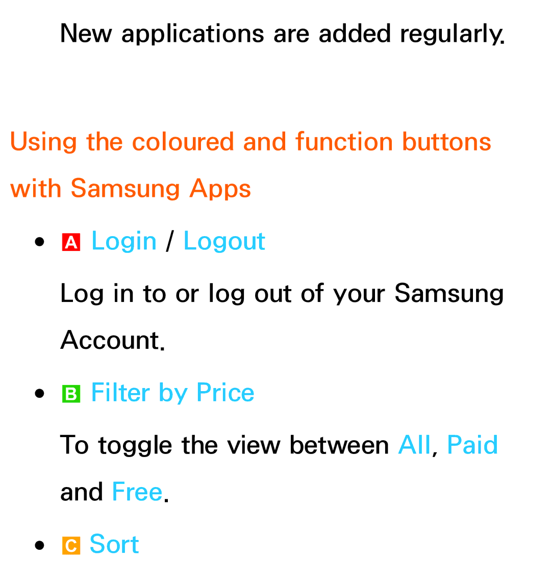 Samsung UA55ES8000SXSH, UE40ES8090SXZG Using the coloured and function buttons with Samsung Apps, Filter by Price, Sort 