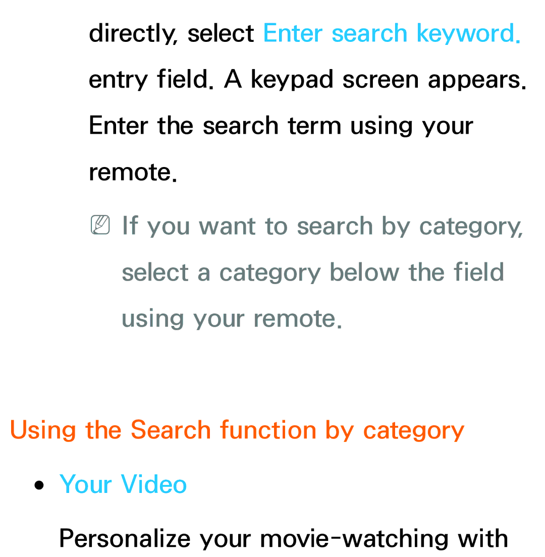 Samsung UE46ES8005UXXE, UE40ES8090SXZG, UE40ES8000SXTK, UE46ES8000SXXN manual Using the Search function by category Your Video 