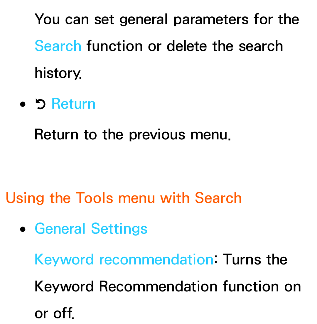 Samsung UE75ES9005UXXE, UE40ES8090SXZG, UE40ES8000SXTK manual Return, Using the Tools menu with Search General Settings 