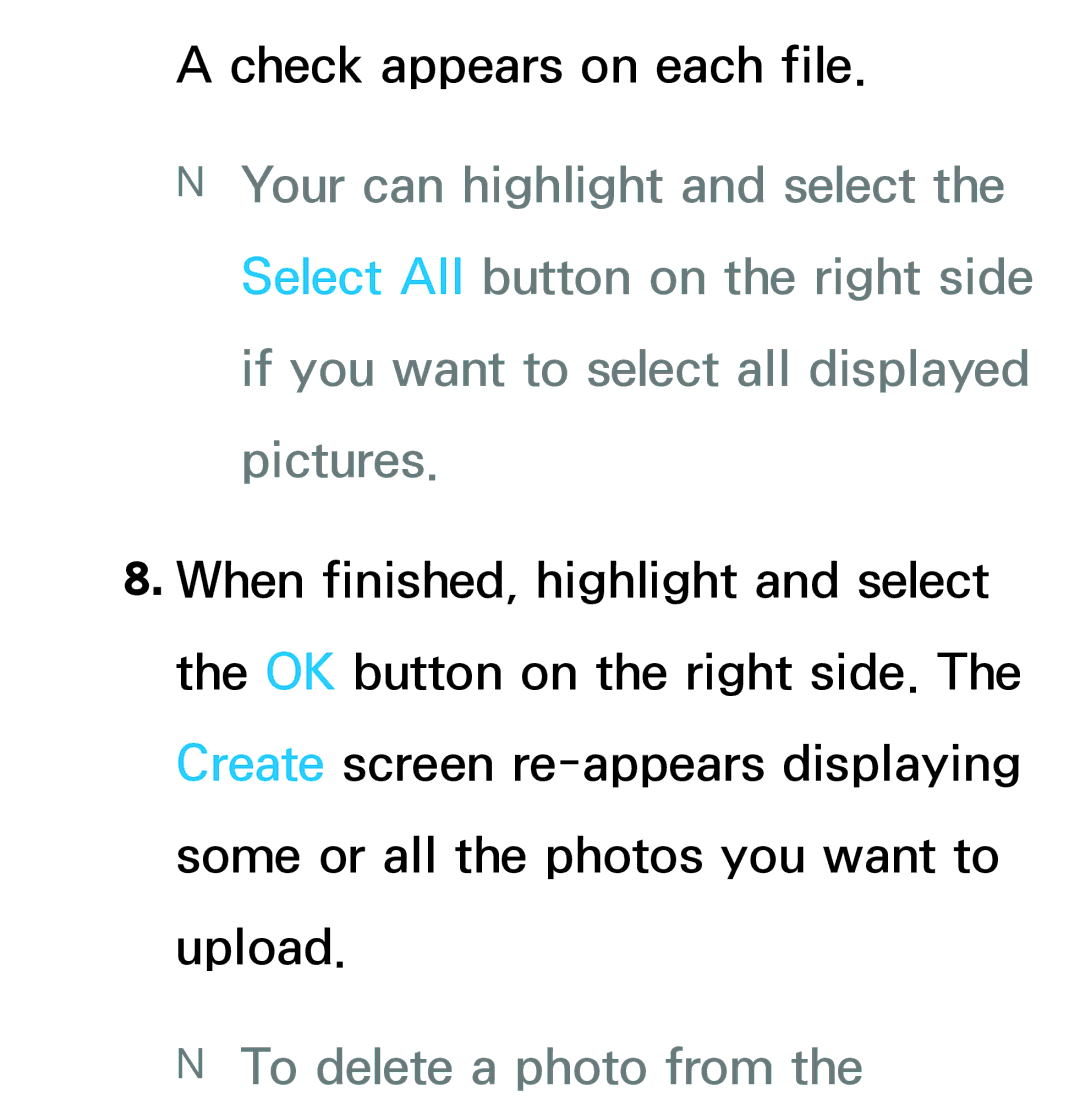 Samsung UE46ES7000SXXC, UE40ES8090SXZG, UE40ES8000SXTK, UE46ES8000SXXN, UE46ES8000SXXC manual NNTo delete a photo from 
