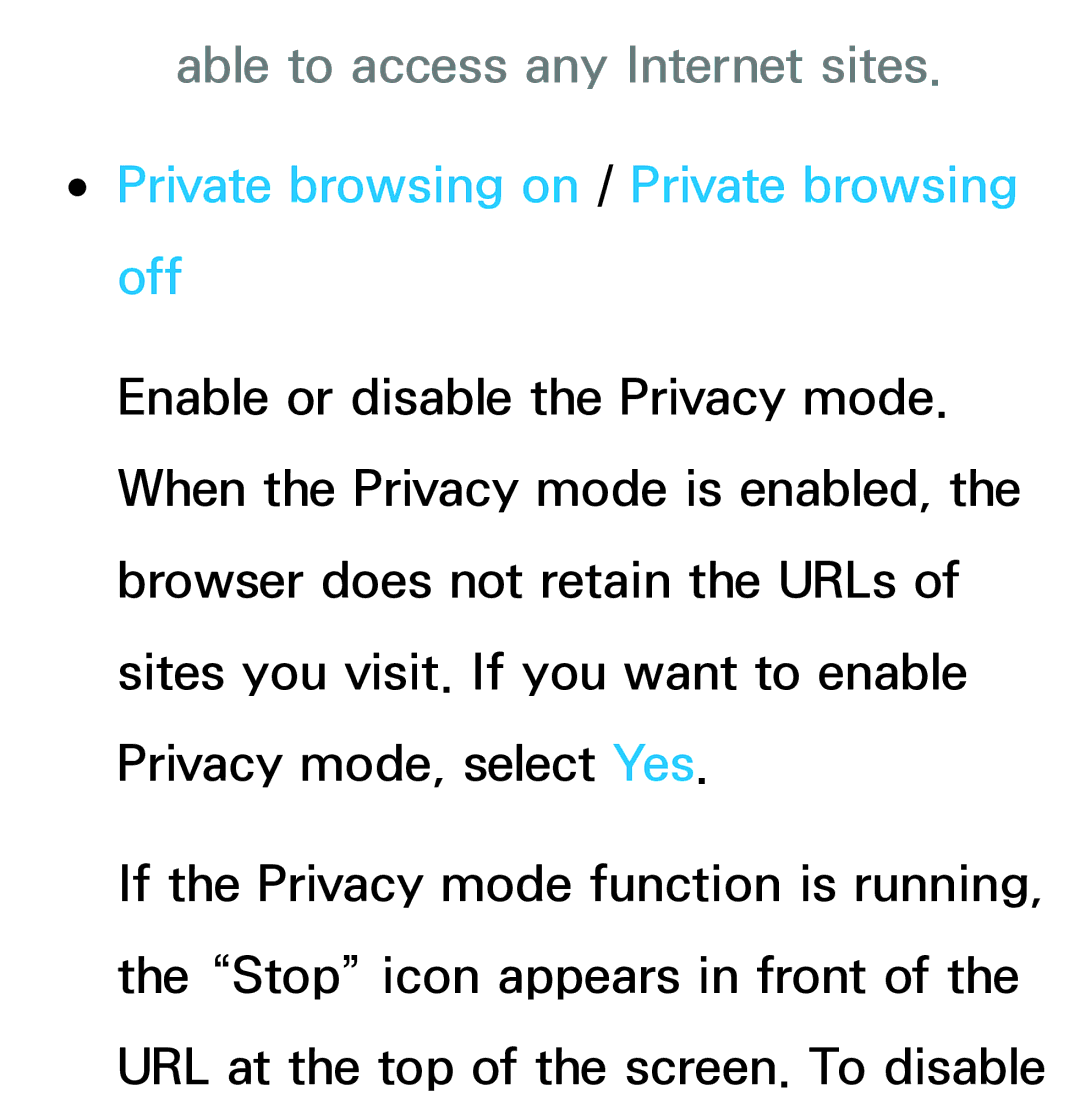 Samsung UE55ES8000SXRU, UE40ES8090SXZG manual Able to access any Internet sites, Private browsing on / Private browsing off 