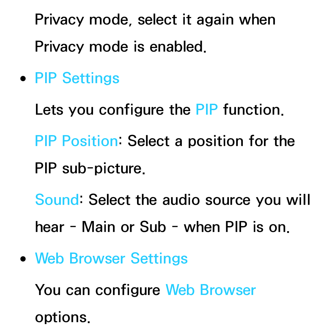 Samsung UE46ES7507UXRU, UE40ES8090SXZG, UE40ES8000SXTK, UE46ES8000SXXN, UE46ES8000SXXC PIP Settings, Web Browser Settings 