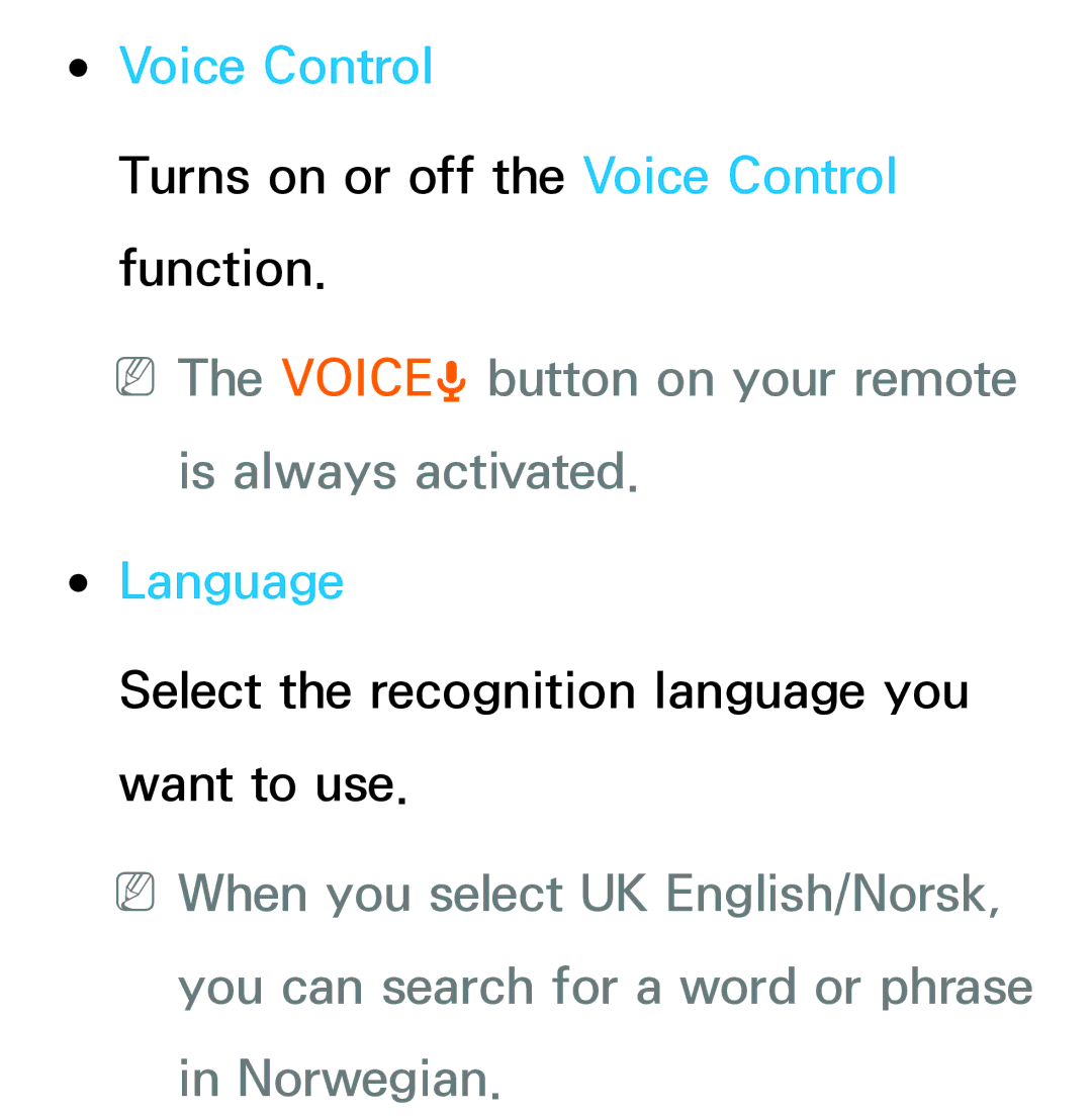 Samsung UE75ES9000SXXN, UE40ES8090SXZG Voice Control, NNThe VOICE˜ button on your remote is always activated, Language 