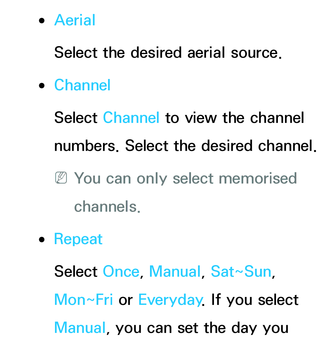 Samsung UE75ES9000SXXC, UE40ES8090SXZG, UE40ES8000SXTK manual Aerial, Channel, NNYou can only select memorised channels 