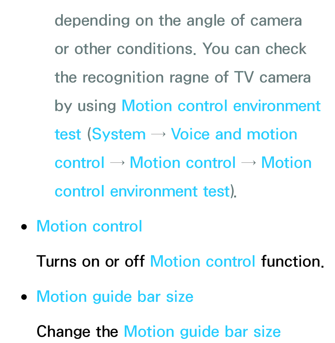 Samsung UE55ES8000SXXC, UE40ES8090SXZG manual Motion control, Motion guide bar size Change the Motion guide bar size 