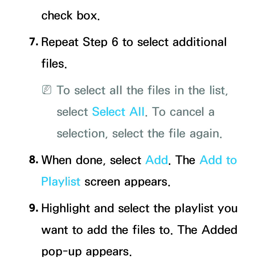 Samsung UE46ES7500SXRU, UE40ES8090SXZG, UE40ES8000SXTK, UE46ES8000SXXN manual Check box Repeat to select additional files 