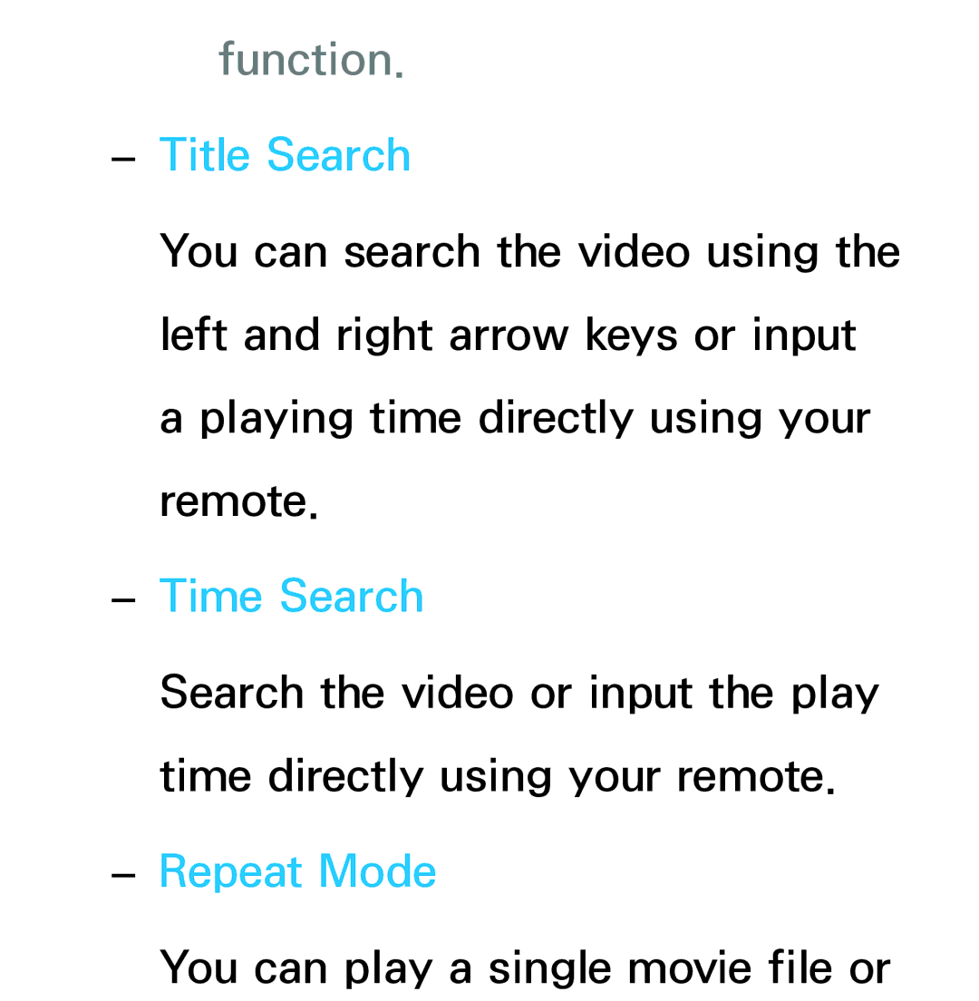 Samsung UE75ES9007UXRU, UE40ES8090SXZG, UE40ES8000SXTK, UE46ES8000SXXN manual Function, Title Search, Time Search, Repeat Mode 