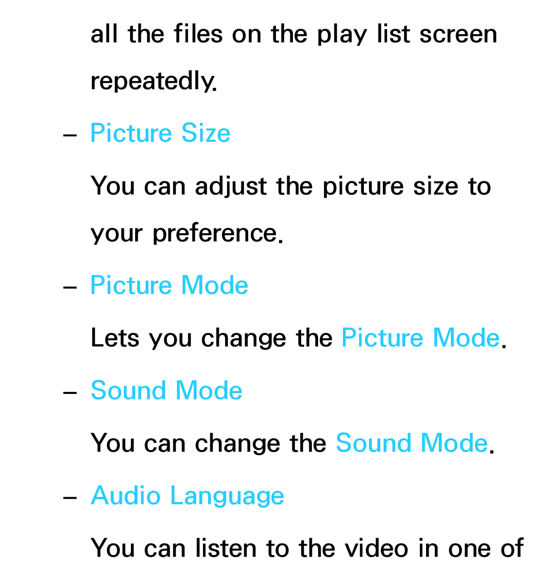 Samsung UE40ES8000SXRU, UE40ES8090SXZG, UE40ES8000SXTK, UE46ES8000SXXN manual Picture Mode, Sound Mode, Audio Language 