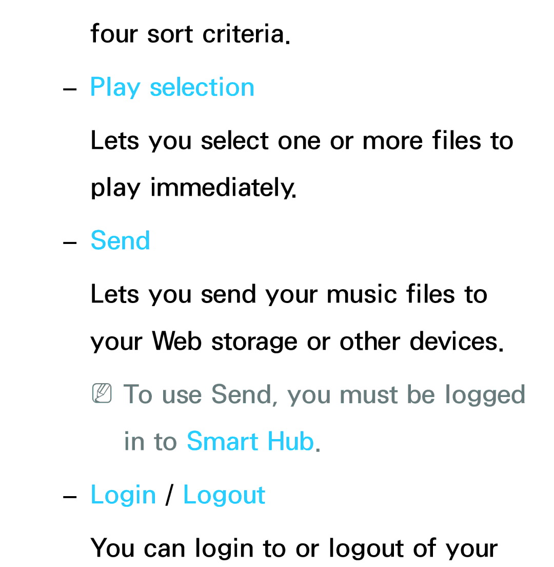 Samsung UE40ES7000SXXC, UE40ES8090SXZG, UE40ES8000SXTK, UE46ES8000SXXN manual Play selection, To Smart Hub Login / Logout 