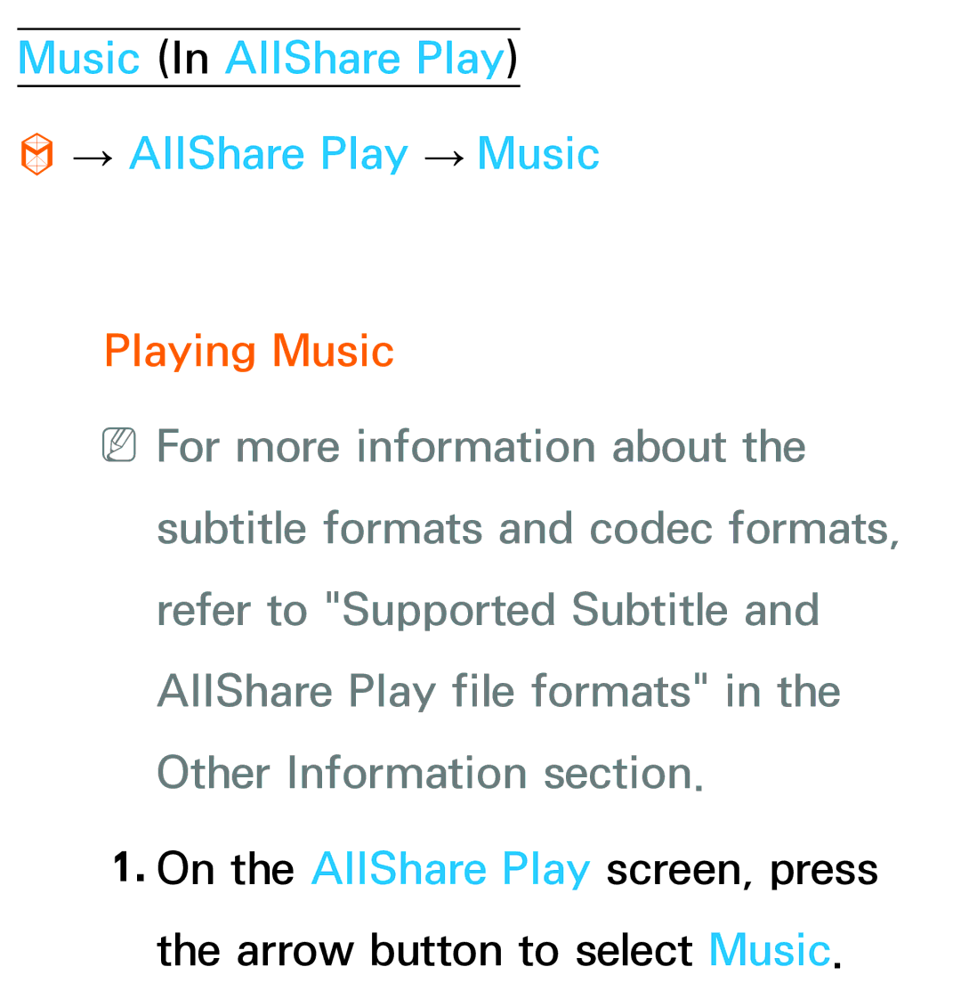 Samsung UE65ES8000SXXN, UE40ES8090SXZG, UE40ES8000SXTK manual Music In AllShare Play → AllShare Play → Music, Playing Music 