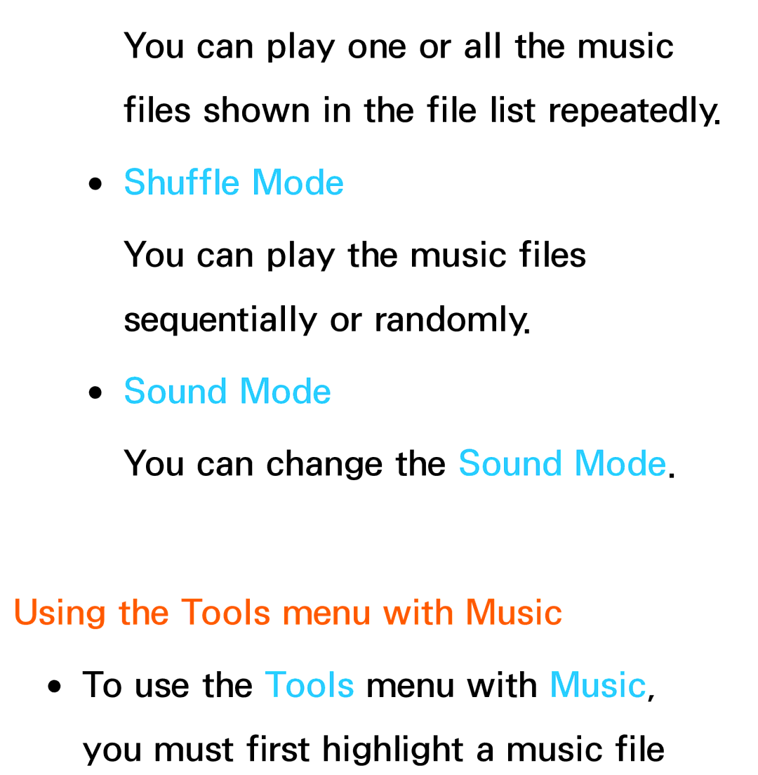 Samsung UE40ES8000SXXN, UE40ES8090SXZG, UE40ES8000SXTK, UE46ES8000SXXN manual Shuffle Mode, Using the Tools menu with Music 