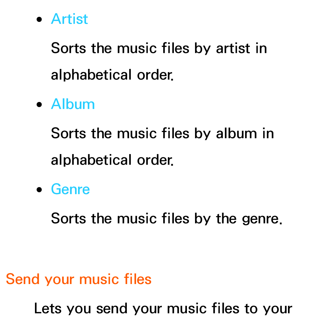 Samsung UE55ES8000SXXN, UE40ES8090SXZG, UE40ES8000SXTK, UE46ES8000SXXN manual Artist, Album, Genre, Send your music files 