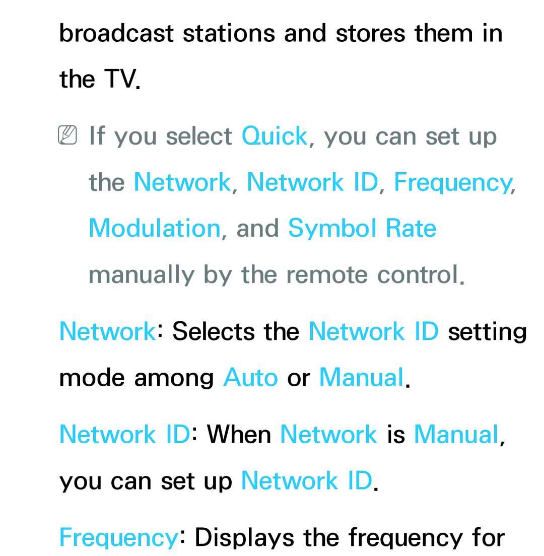 Samsung UE75ES9005UXXE, UE40ES8090SXZG, UE40ES8000SXTK manual Network ID When Network is Manual, you can set up Network ID 