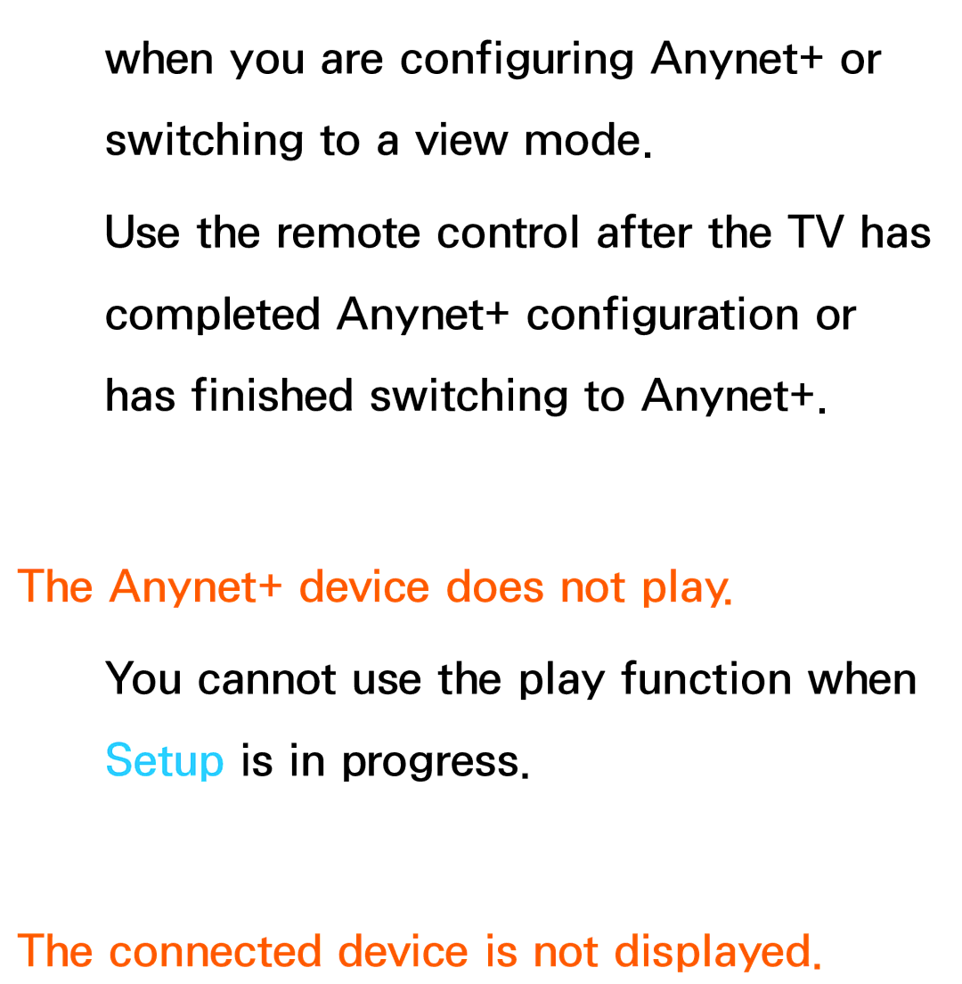 Samsung UE55ES8000SXZF, UE40ES8090SXZG, UE40ES8000SXTK manual Anynet+ device does not play, Connected device is not displayed 