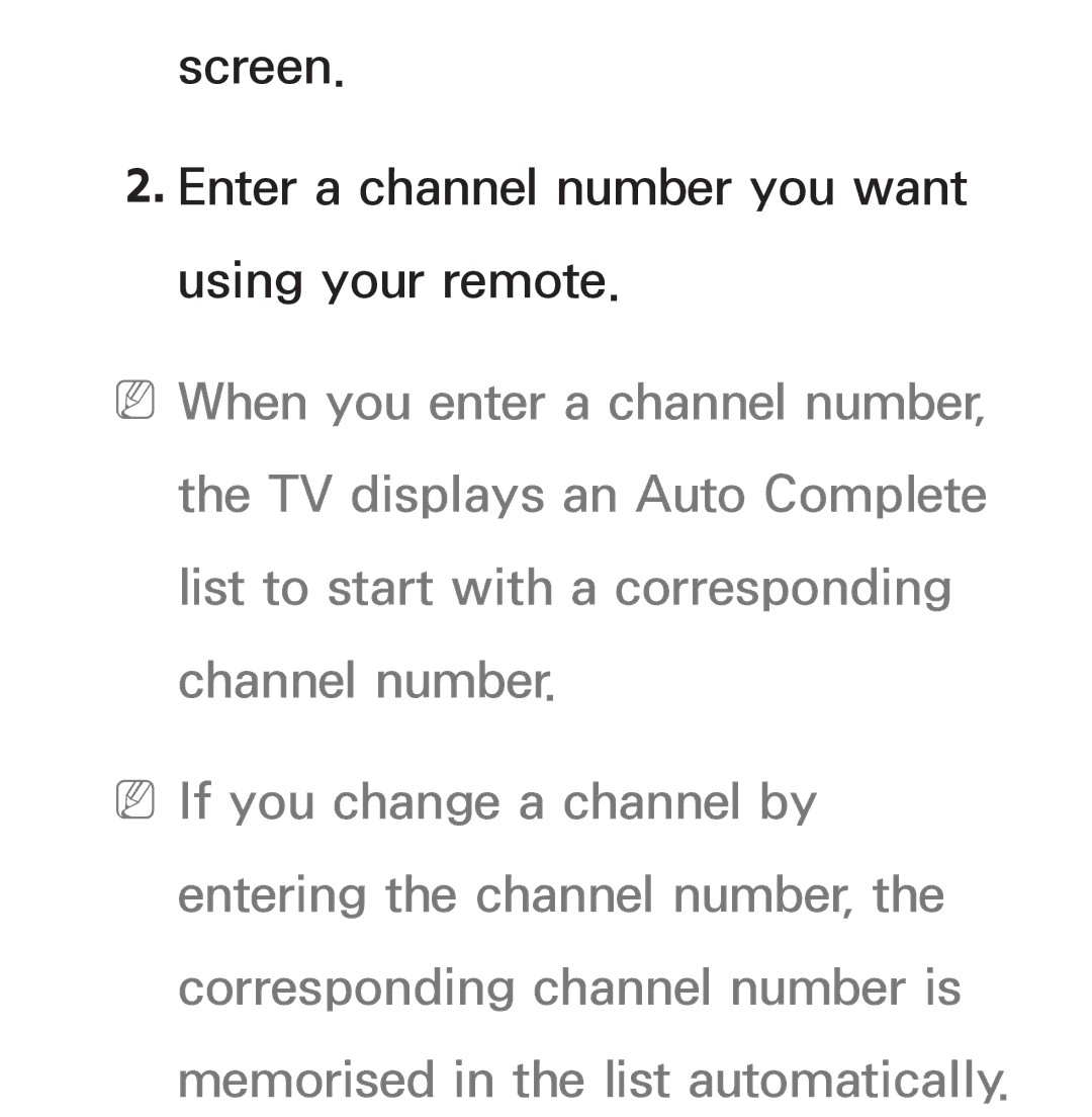 Samsung UE46ES8000UXXU, UE40ES8090SXZG, UE40ES8000SXTK manual Screen Enter a channel number you want using your remote 