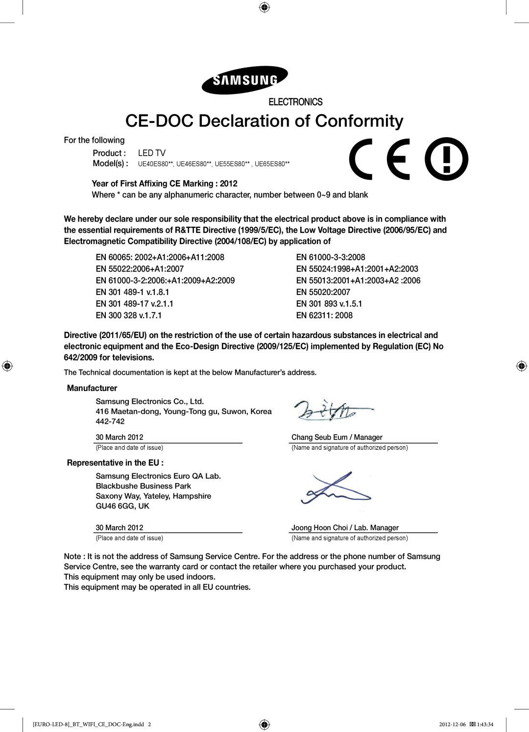 Samsung UE40ES8000SXTK manual CE-DOC Declaration of Conformity, Electronics, Year of First Affixing CE Marking 